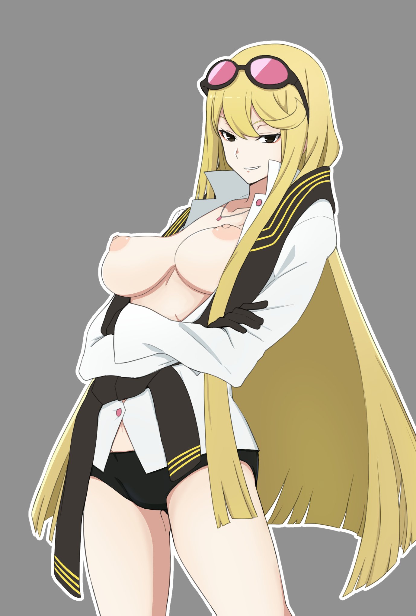 ayu (ddestiny944), kuremi kyouko, digimon, digimon story: cyber sleuth, highres, 1girl, black eyes, black gloves, black panties, blonde hair, breasts, cowboy shot, crossed arms, eyeshadow, gloves, grey background, large breasts, long hair, makeup, nipples, panties, parted lips, red eyeshadow, shirt, simple background, smile, solo, underwear, white shirt
