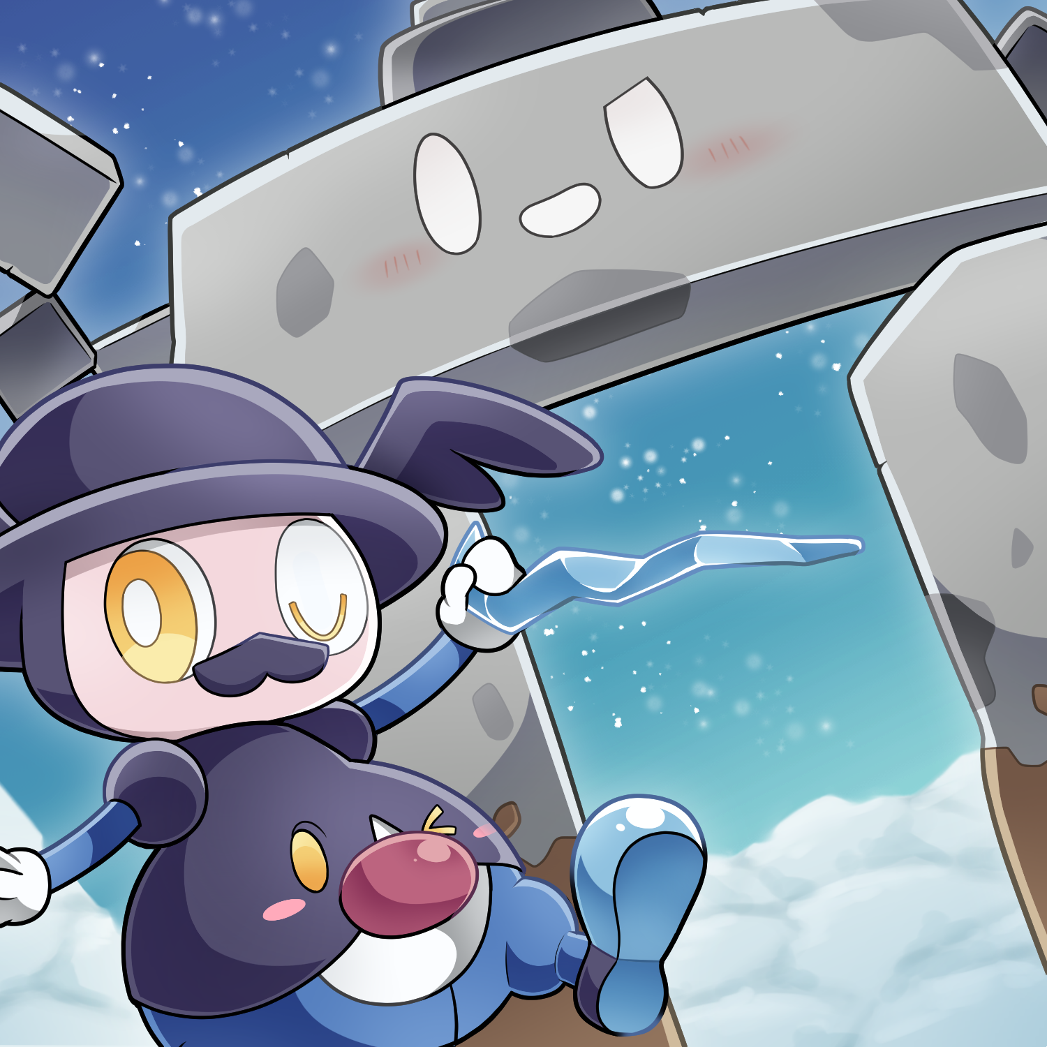 katanagi1129, mr. rime, stonjourner, nintendo, pokemon, commentary request, highres, > o, blush, bright pupils, cane, facial hair, gen 8 pokemon, holding, holding cane, ice, mustache, one eye closed, pokemon (creature), pokemon focus, smile, snow, snowing, standing, standing on one leg, white pupils, yellow eyes