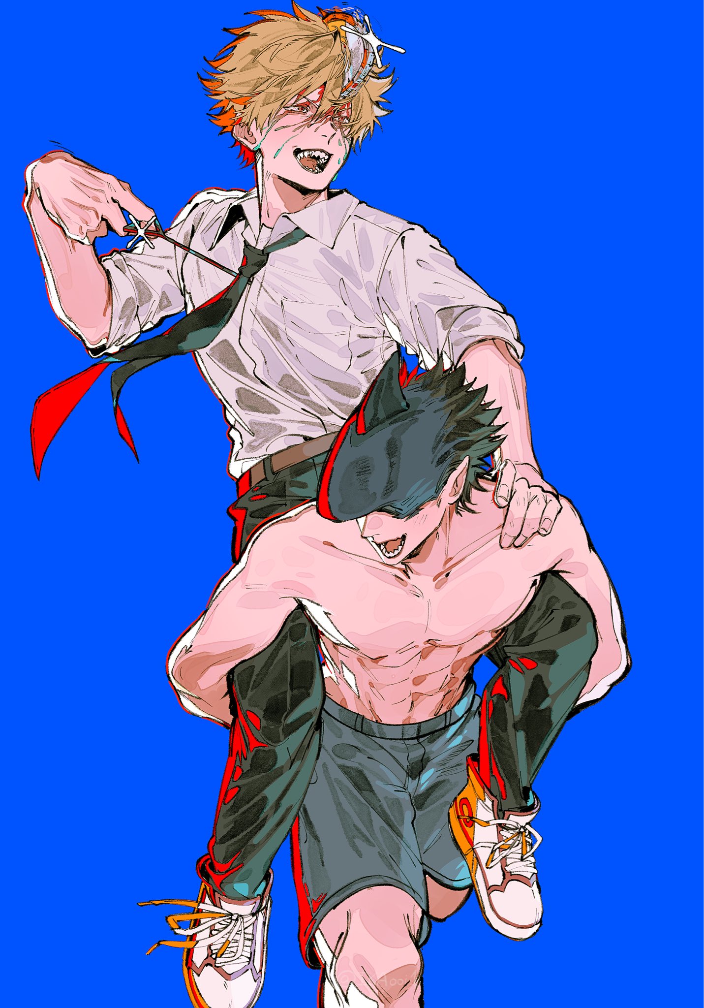ikaooi1, beam (chainsaw man), denji (chainsaw man), chainsaw man, highres, black pants, blue background, carrying, chainsaw, collared shirt, necktie, pants, pull cord, shark boy, shark head, sharp teeth, shirt, shoes, short hair, shorts, sleeves rolled up, teeth, topless male, white shirt, white shoes