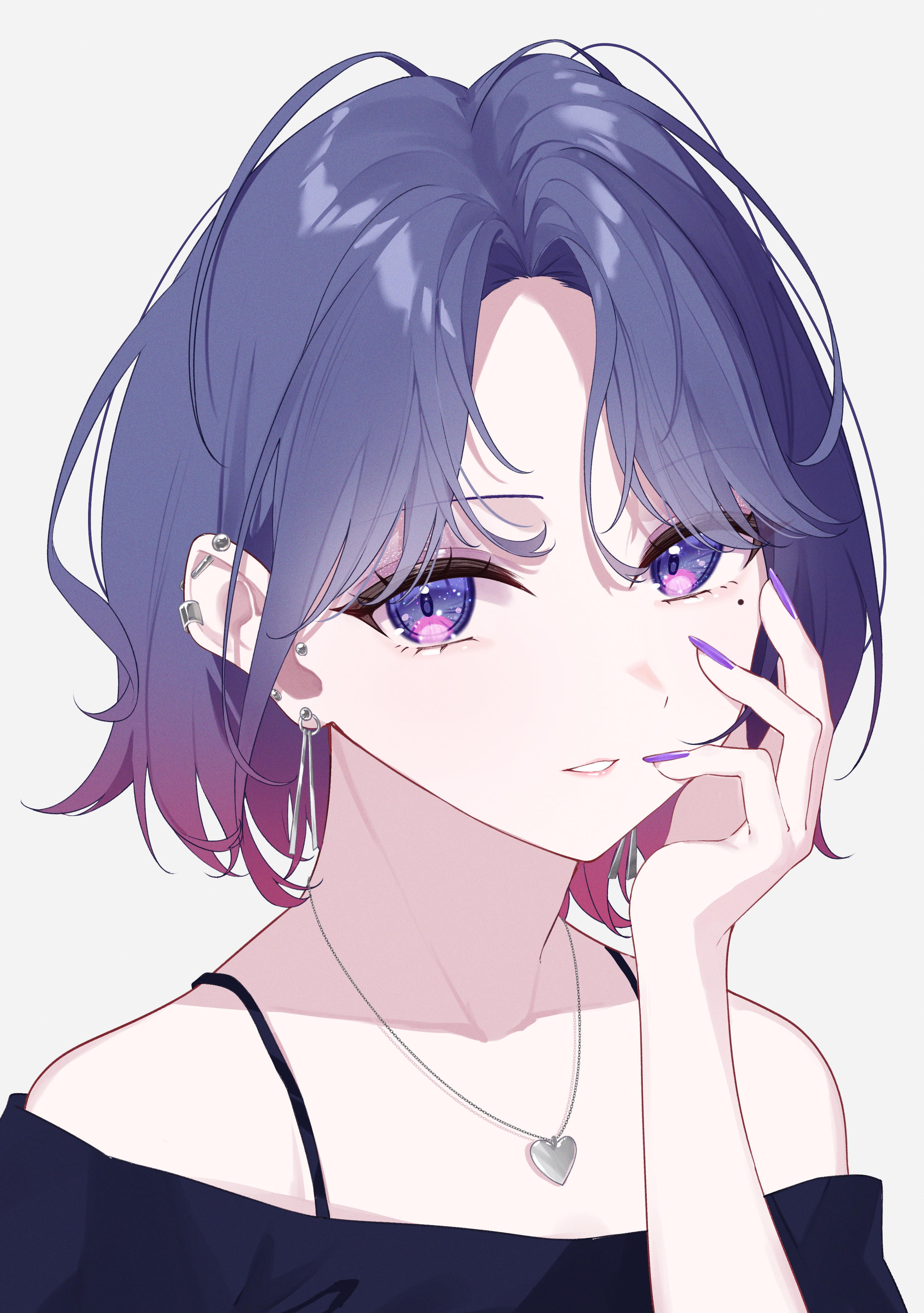 yuki hare1130, koshimizu toru, nijisanji, absurdres, commentary request, highres, 1girl, barbell piercing, blue eyes, blue hair, blue shirt, bra strap, chain, chain necklace, collarbone, curtained hair, earclip, earrings, film grain, fingernails, forehead, hand up, heart pendant, jewelry, looking at viewer, makeup, mole, mole under eye, nail polish, necklace, off-shoulder shirt, off shoulder, parted lips, piercing, portrait, purple nails, shirt, short hair, simple background, solo, stud earrings, virtual youtuber, white background