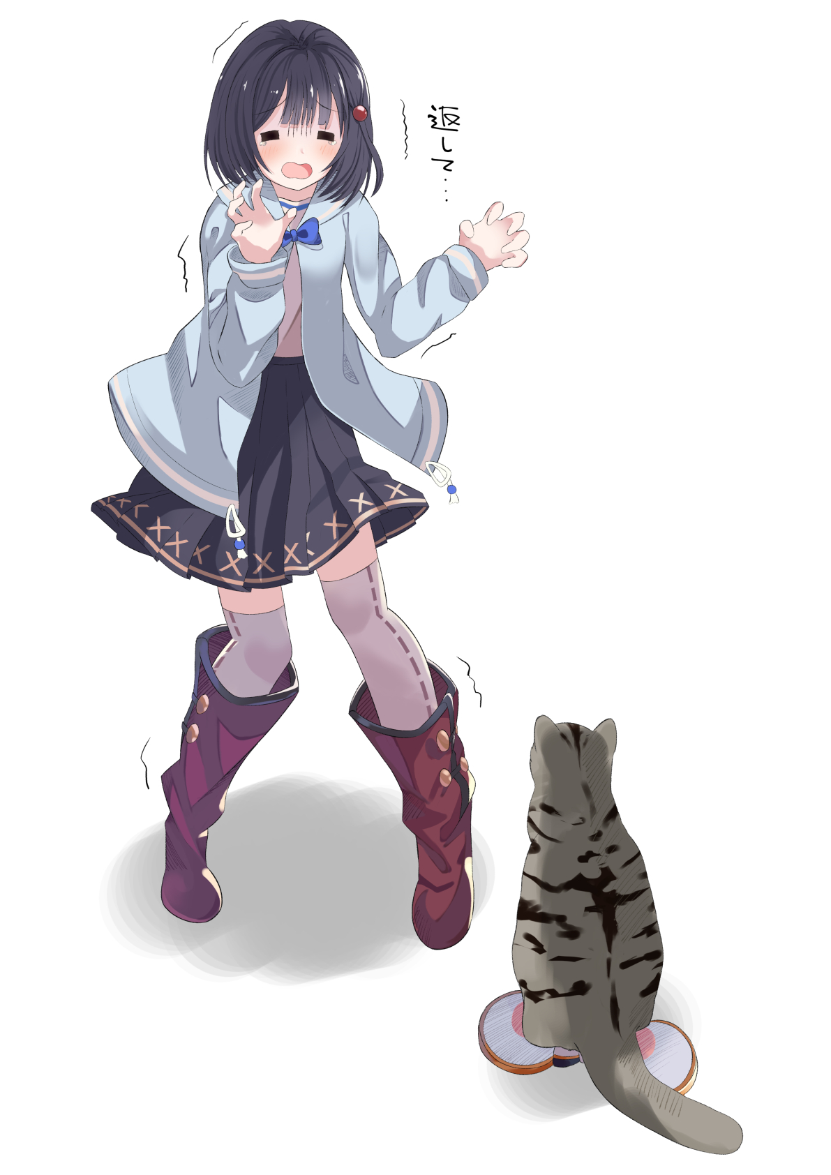 zundamochi (sera), vikala (event) (granblue fantasy), vikala (granblue fantasy), granblue fantasy, highres, translation request, 1girl, animal ears, black hair, black skirt, blue jacket, boots, cat, closed eyes, fake animal ears, hair ornament, jacket, knee boots, long sleeves, mouse ears, simple background, skirt, solo, standing, thighhighs, unworn fake animal ears, white background, white thighhighs