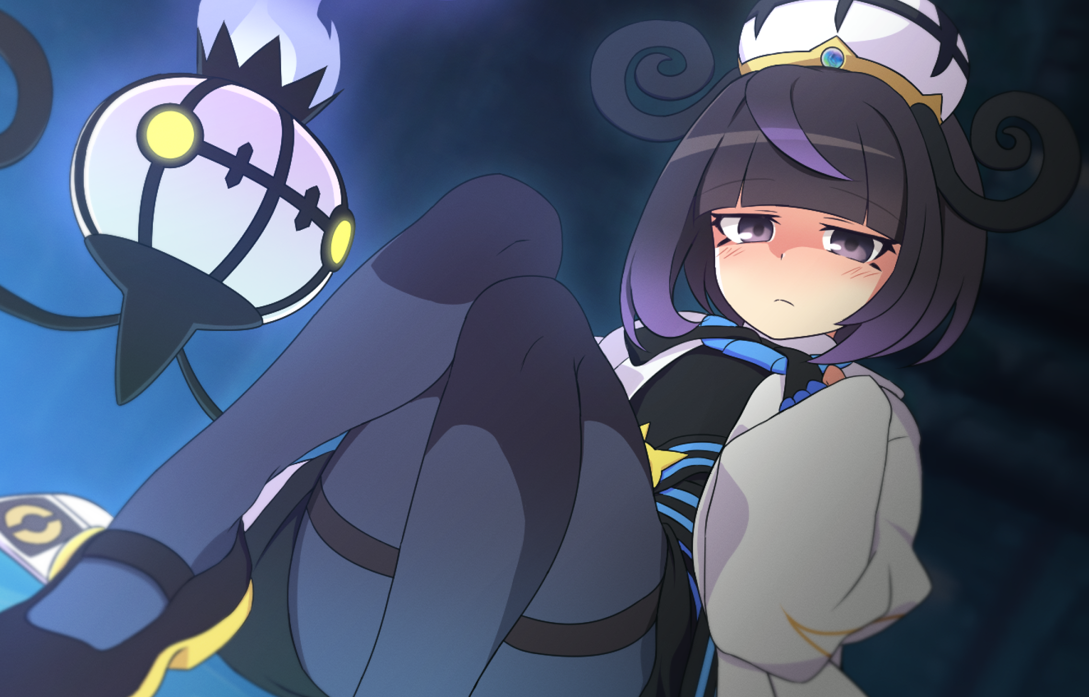 curakuru, chandelure, gwynn (pokemon), nintendo, pokemon, pokemon legends: z-a, highres, 1girl, black background, black eyes, black hair, black pantyhose, black shoes, blue gloves, blush, closed mouth, gen 5 pokemon, gloves, gradient background, hat, legs, long sleeves, looking at viewer, pantyhose, pokemon (creature), shoes, short hair, sitting, white hat
