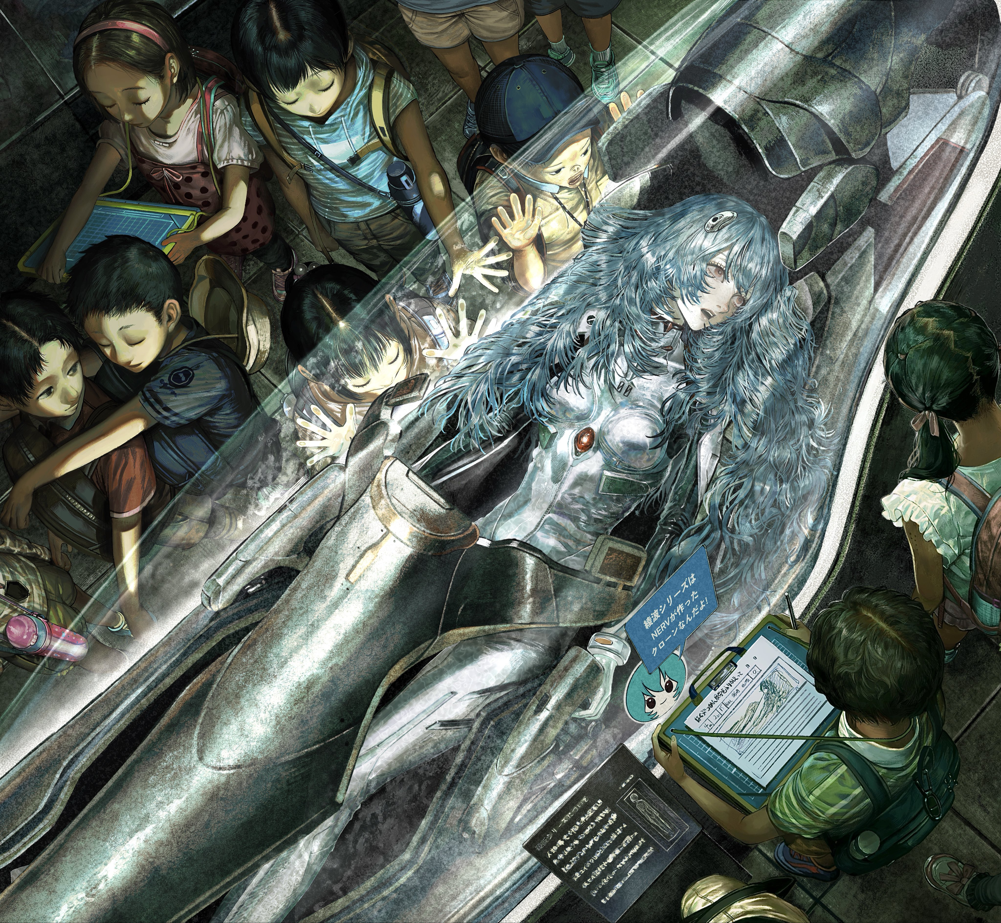 ikuta41, ayanami rei, neon genesis evangelion, absurdres, highres, tagme, blue hair, bodysuit, breasts, hairpods, interface headset (evangelion), long hair, mecha pilot suit, multiple boys, multiple girls, plugsuit (evangelion), white bodysuit