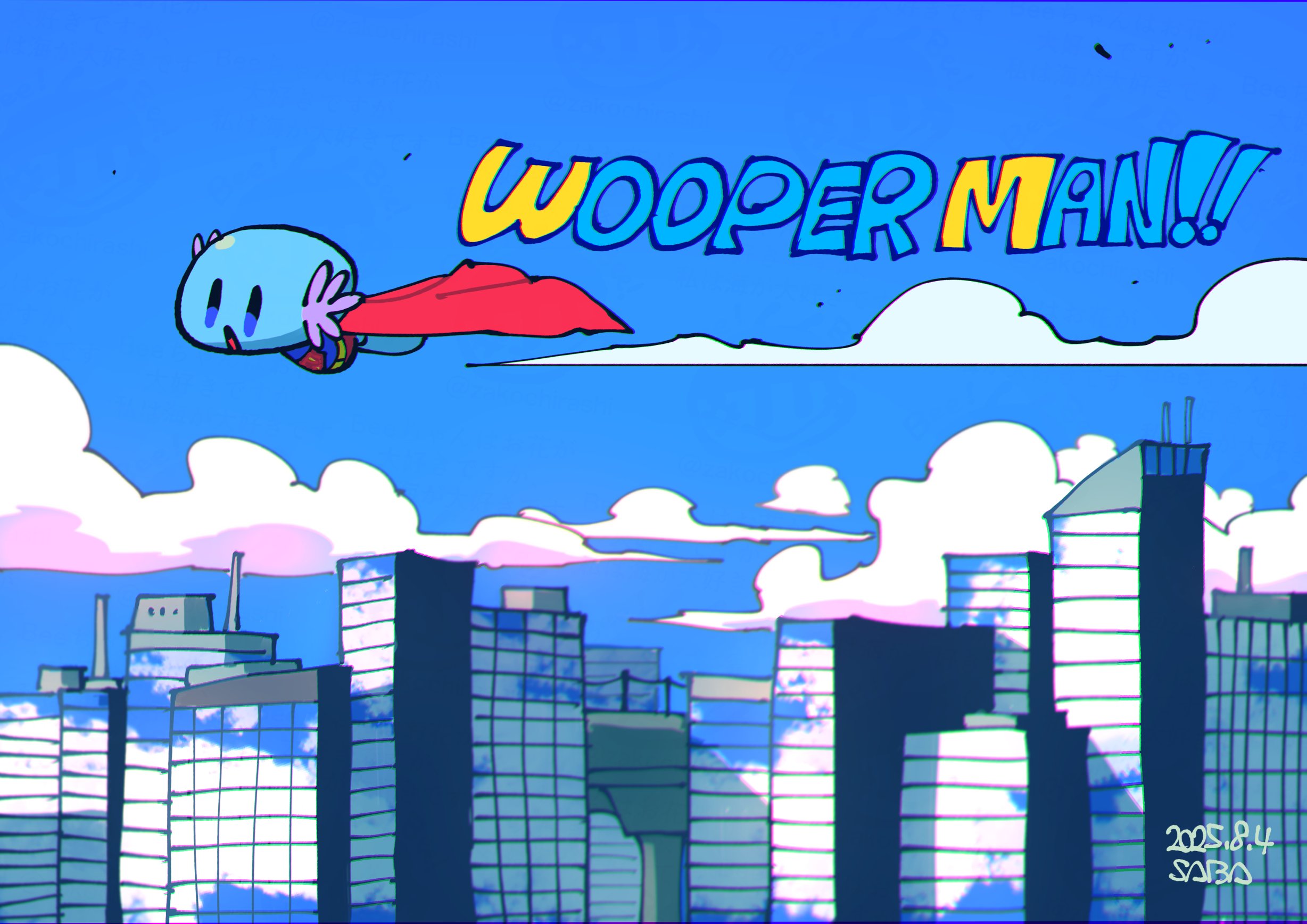 saba hokke, superman, wooper, dc comics, nintendo, pokemon, superman (series), commentary request, highres, artist name, blue sky, building, cape, character name, city, clothed pokemon, cloud, cosplay, dated, full body, gen 2 pokemon, no humans, open mouth, outdoors, pokemon (creature), pokemon focus, pun, red cape, sky, solo, superhero costume, superman (cosplay)
