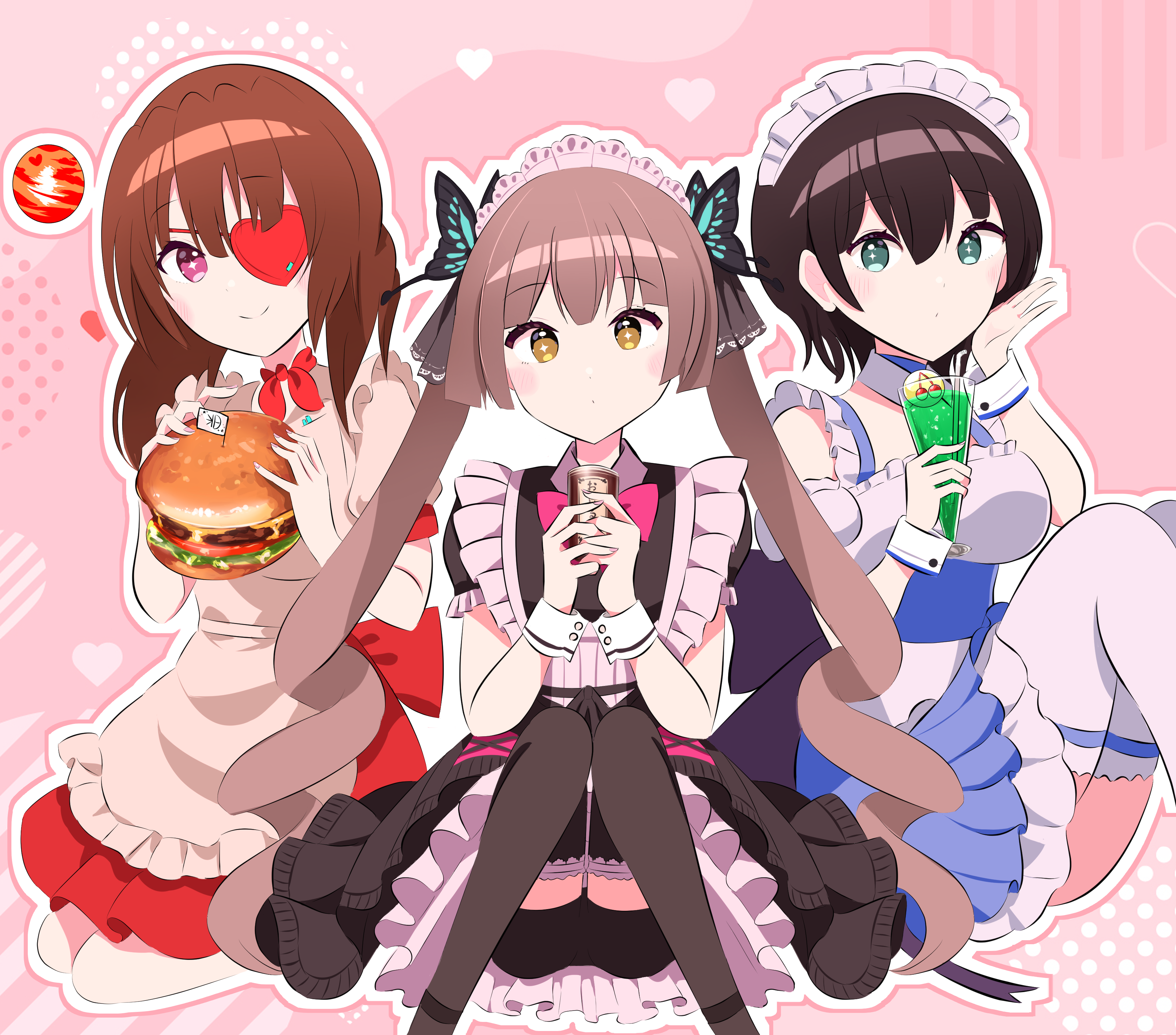 aoi erika, hiiragi kozue, ogasawara hisame, heaven burns red, absurdres, highres, 3girls, apron, aqua eyes, atnamiret, black dress, black hair, black thighhighs, blue dress, blush, bow, breasts, brown hair, burger, butterfly hair ornament, can, closed mouth, cup, dot mouth, dress, drink, drink can, drinking straw, eyepatch, food, french fries, frilled apron, frilled dress, frills, green eyes, hair between eyes, hair ornament, holding, holding can, holding drink, holding food, ice cream, long hair, looking at viewer, maid, maid apron, maid headdress, multiple girls, one eye covered, outline, pink background, pink eyes, puffy short sleeves, puffy sleeves, red bow, ribbon, short hair, short sleeves, sitting, smile, soda, soda can, symbol-shaped pupils, thighhighs, twintails, very long hair, white outline, white thighhighs, wrist cuffs, yellow eyes