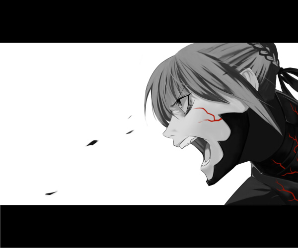 amino (tn7135), artoria pendragon (fate), saber (fate), saber alter, saber alter (second ascension), fate/stay night, fate (series), bad id, bad pixiv id, 00s, 1girl, female focus, letterboxed, monochrome, open mouth, profile, solo, spot color