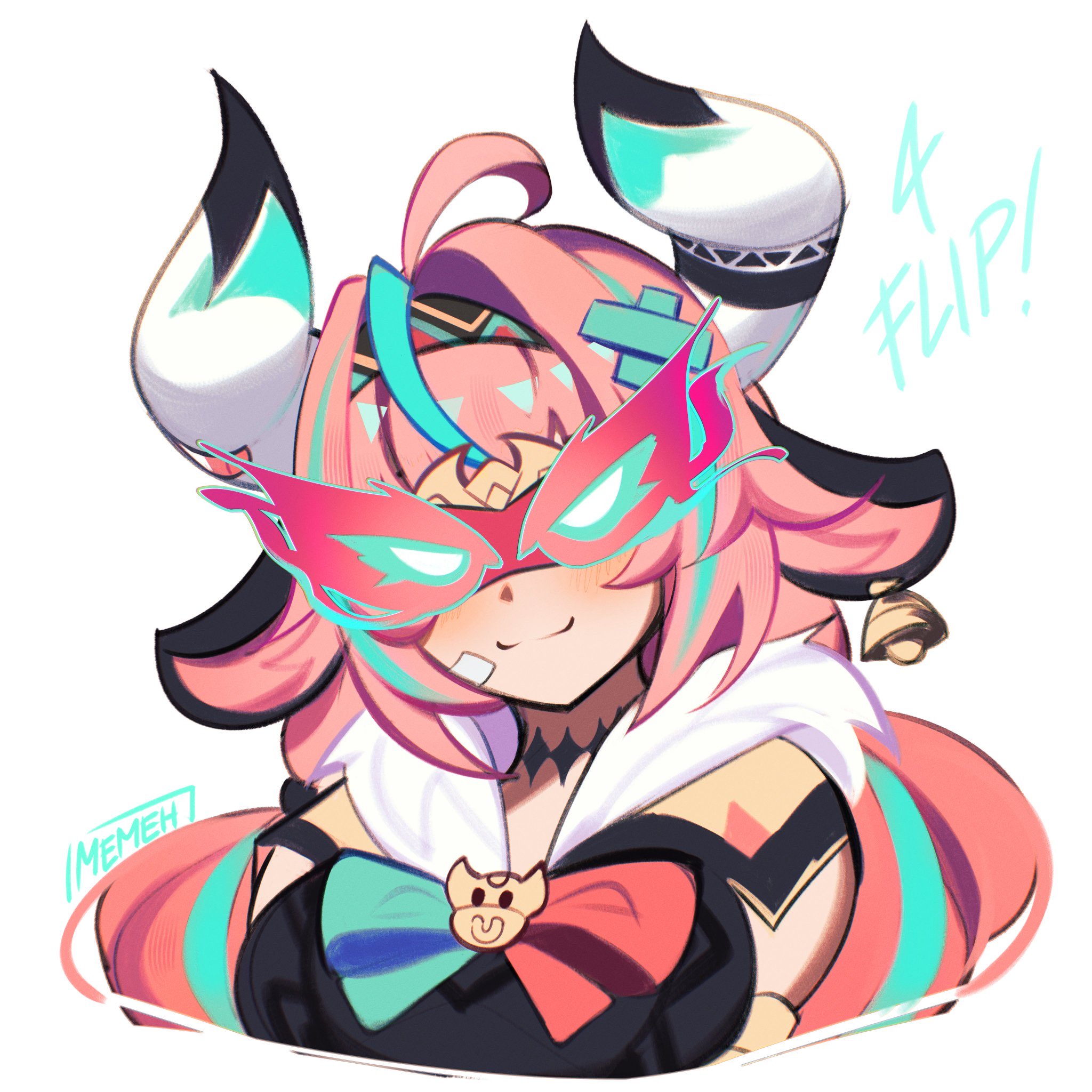 memeh, varesa (genshin impact), genshin impact, commission, highres, ahoge, bandaid, bell, blue eyes, blue hair, breasts, cow horns, horns, large breasts, long hair, pink hair, signature, upper body