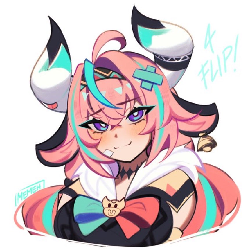 memeh, varesa (genshin impact), genshin impact, commission, ahoge, bandaid, bell, blue eyes, blue hair, breasts, cow horns, horns, large breasts, long hair, pink hair, signature, upper body