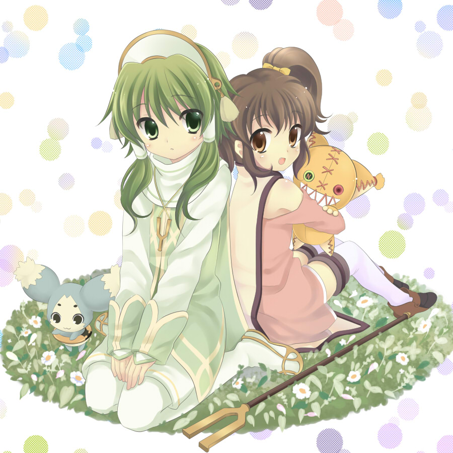 hanabana tsubomi, anise tatlin, ion (tales), mieu (tales), tokunaga (tales), tales of (series), tales of the abyss, bad id, bad pixiv id, 00s, 1boy, 1girl, bare shoulders, brown eyes, brown hair, child, doll, flower, green eyes, green hair, hair tubes, pantyhose, ribbon, smile, staff, twintails