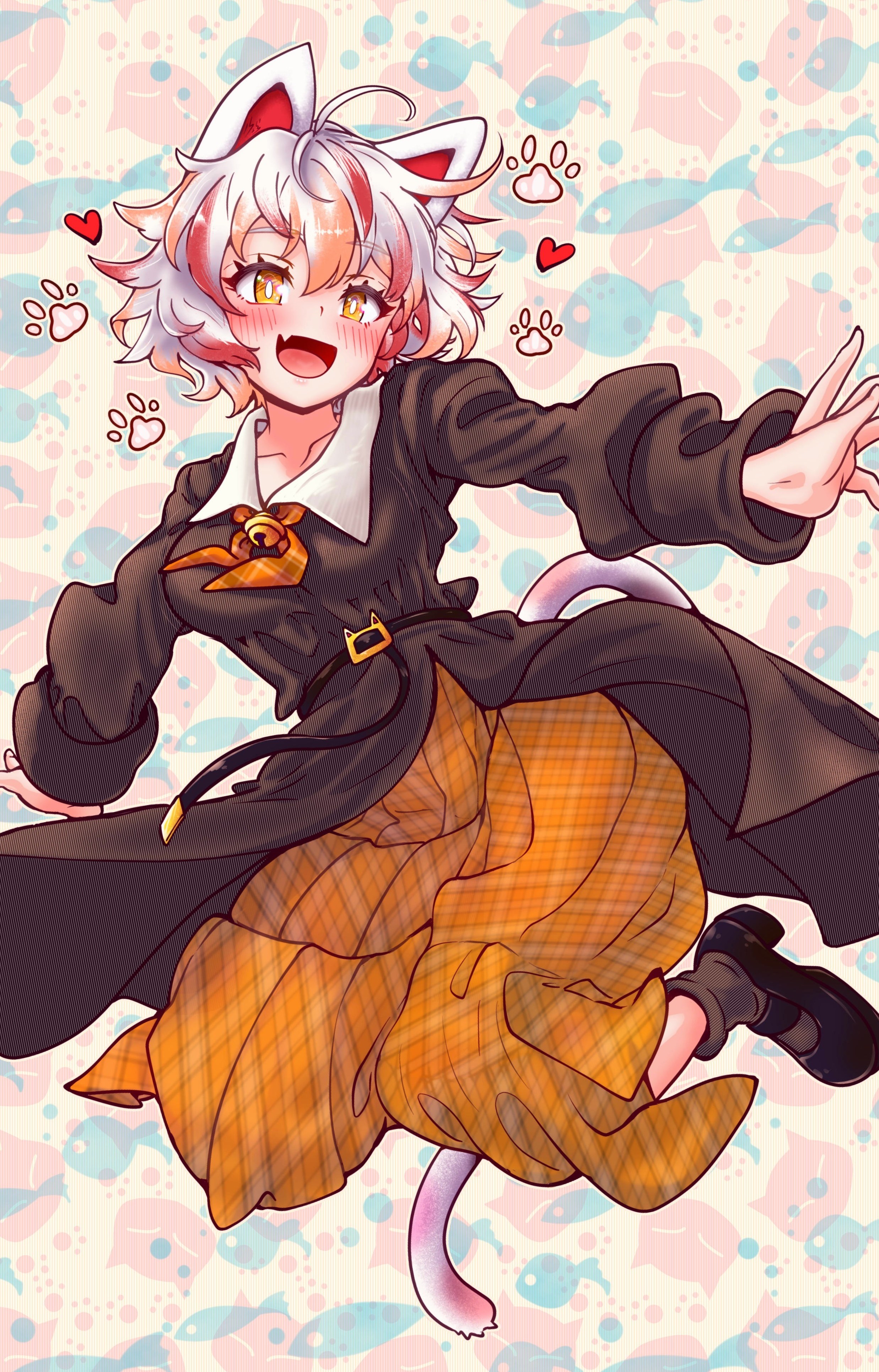 carbohydrate (asta4282), goutokuji mike, touhou, absurdres, check clothing, clothing request, commentary request, commission, highres, 1girl, abstract background, ahoge, alternate costume, animal ears, ascot, bell, belt, black belt, black shoes, blue background, blush, brown shirt, brown socks, cat ears, cat face, cat girl, cat tail, collar, collarbone, fang, fashion, fish background, floating clothes, floating hair, grey hair, hair between eyes, heart, long skirt, long sleeves, looking at viewer, messy hair, multicolored hair, neck bell, open mouth, orange ascot, orange hair, orange skirt, outstretched arms, paw print, paw print background, plaid ascot, plaid clothes, plaid skirt, puffy long sleeves, puffy sleeves, red background, shirt, shoes, short hair, skin fang, skirt, smile, socks, solo, tail, white collar, white hair, yellow background, yellow eyes