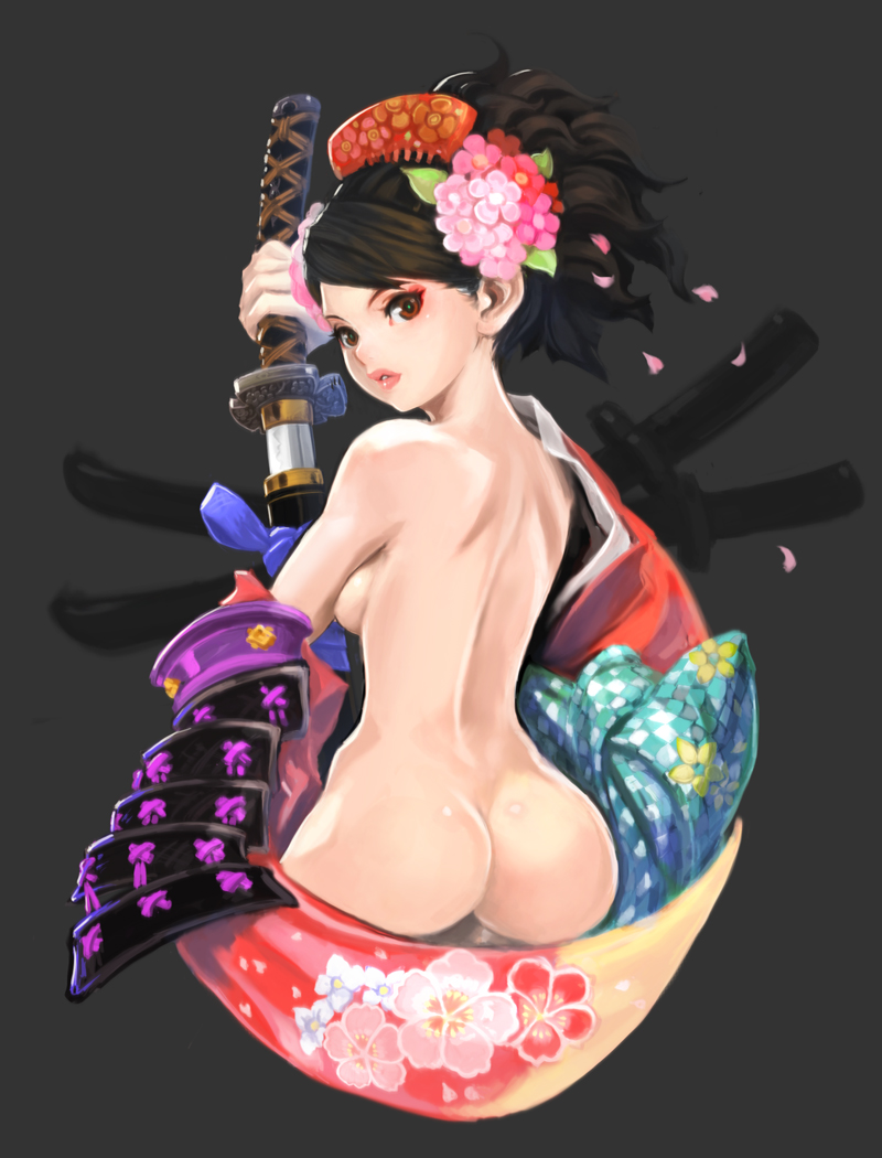 muuten, momohime, oboro muramasa, vanillaware, 1girl, armor, ass, ass support, breasts, brown eyes, brown hair, comb, female focus, flower, hair flower, hair ornament, hip focus, japanese armor, japanese clothes, katana, lips, looking back, medium breasts, nude, petals, ponytail, red eyes, sheath, short hair, shoulder armor, sode, solo, sword, unsheathing, weapon, wide hips