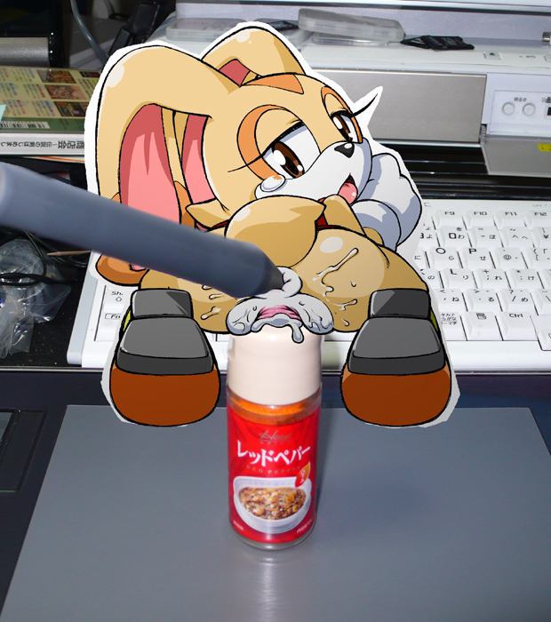 aku tojyo, cream the rabbit, sonic (series), photo (medium), third-party edit, 1girl, all fours, anal, anal object insertion, animal ears, anus, ass, bottomless, brown eyes, double penetration, eyelashes, furry, gloves, looking at viewer, looking back, moaning, object insertion, open mouth, paper child, papercraft, pussy, pussy juice, rabbit ears, shoes, solo focus, spread legs, tail, tears, tongue, tongue out, vaginal, vaginal object insertion