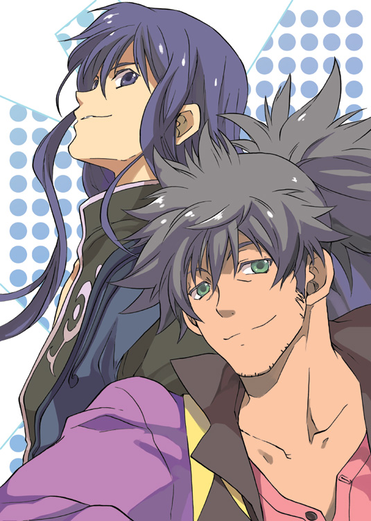 ayumiso, raven (tales), yuri lowell, tales of (series), tales of vesperia, 00s, 2boys, black eyes, black hair, green eyes, long hair, male focus, multiple boys, ponytail, smile