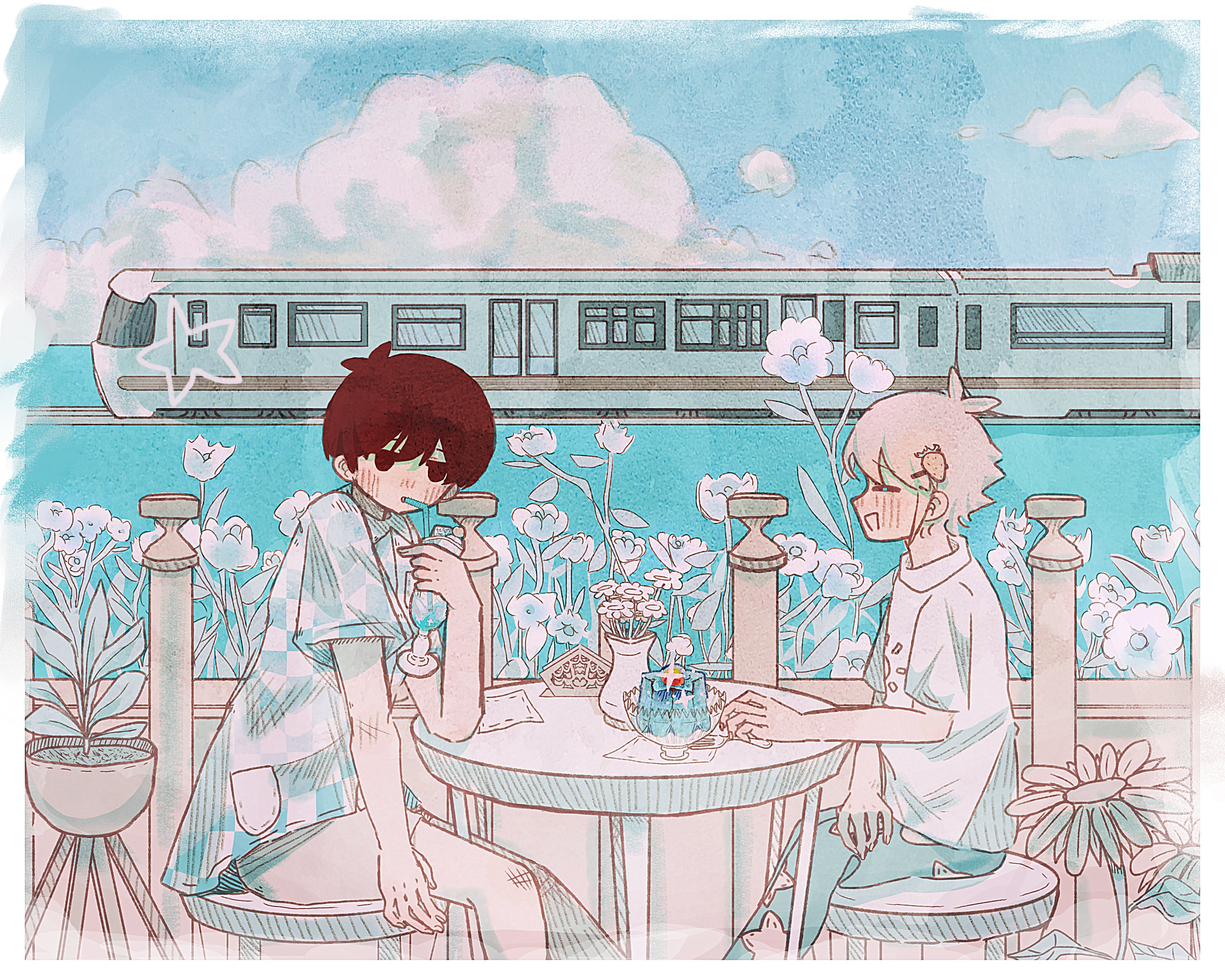 ikiosu (bloobaybeach), basil (faraway) (omori), basil (omori), sunny (omori), omori, absurdres, highres, 2boys, alternate costume, antenna hair, black eyes, black hair, blonde hair, blue sky, blush, closed eyes, closed mouth, cloud, collared shirt, cup, day, drinking glass, drinking straw, drinking straw in mouth, flower, hair ornament, hairclip, holding, holding cup, looking at another, male focus, multiple boys, on stool, outdoors, pants, plant, potted plant, shirt, short hair, short sleeves, shorts, sidelocks, sitting, sky, stool, table, train, white shirt