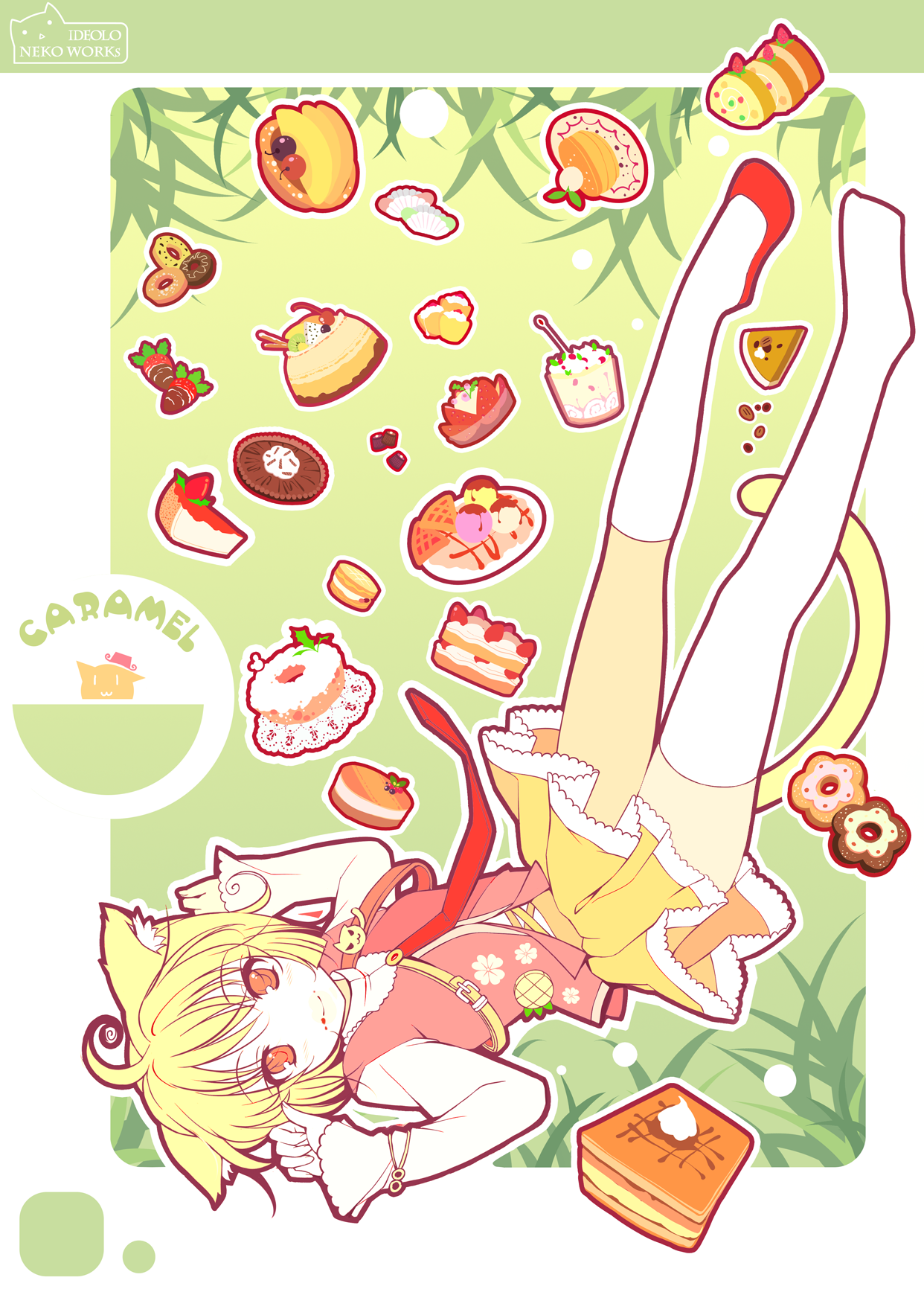 ideolo, sayori (neko works), caramell (sayori), original, highres, 1girl, ahoge, animal ears, blonde hair, bob cut, cake, cat ears, cat tail, female focus, food, food-themed clothes, full body, kneehighs, legs, legs up, long sleeves, lying, miniskirt, necktie, orange eyes, pastry, pleated skirt, right shoe removed, shoes, short hair, single shoe, skirt, sleeves past wrists, smile, socks, solo, sweets, tail, thighhighs, white socks, white thighhighs, zettai ryouiki