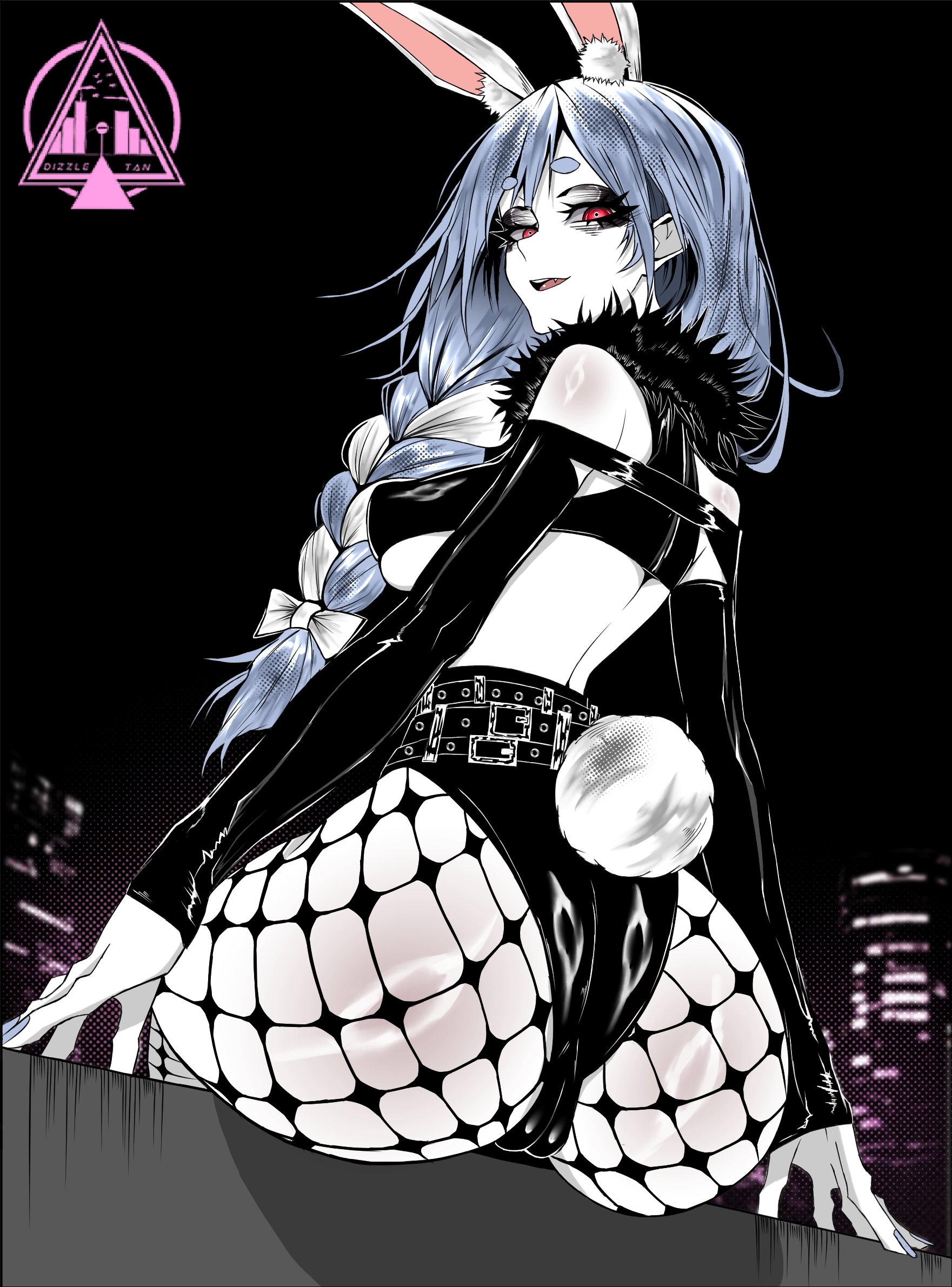 dizzle, pekomama, hololive, commentary, commission, english commentary, highres, 1girl, animal ears, ass, black shirt, black shorts, blue hair, bow, braid, braided ponytail, breasts, cameltoe, covered erect nipples, cropped shirt, detached sleeves, extra ears, fishnet pantyhose, fishnets, from behind, fur-trimmed shirt, fur trim, hair bow, hair over shoulder, large breasts, long hair, looking at viewer, looking back, median furrow, multicolored hair, night, open mouth, outdoors, pantyhose, rabbit ears, rabbit girl, rabbit tail, red eyes, shirt, short eyebrows, short shorts, shorts, sitting, sleeveless, sleeveless shirt, solo, streaked hair, tail, thick eyebrows, virtual youtuber, white bow, white hair