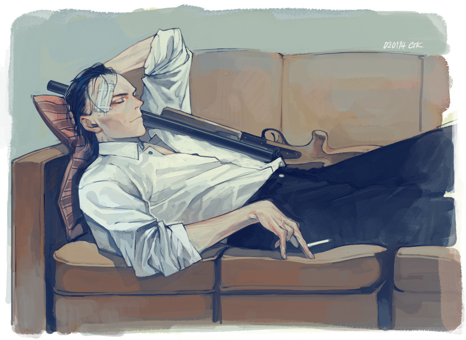 character request, copyright request, 1boy, bandaged head, bandages, black hair, black pants, closed eyes, closed mouth, collared shirt, couch, ctkcave, grey background, gun, head on pillow, lying, male focus, medium hair, old, old man, on back, on couch, pants, partially unbuttoned, pillow, receding hairline, rifle, shirt, sleeping, solo, weapon, white shirt