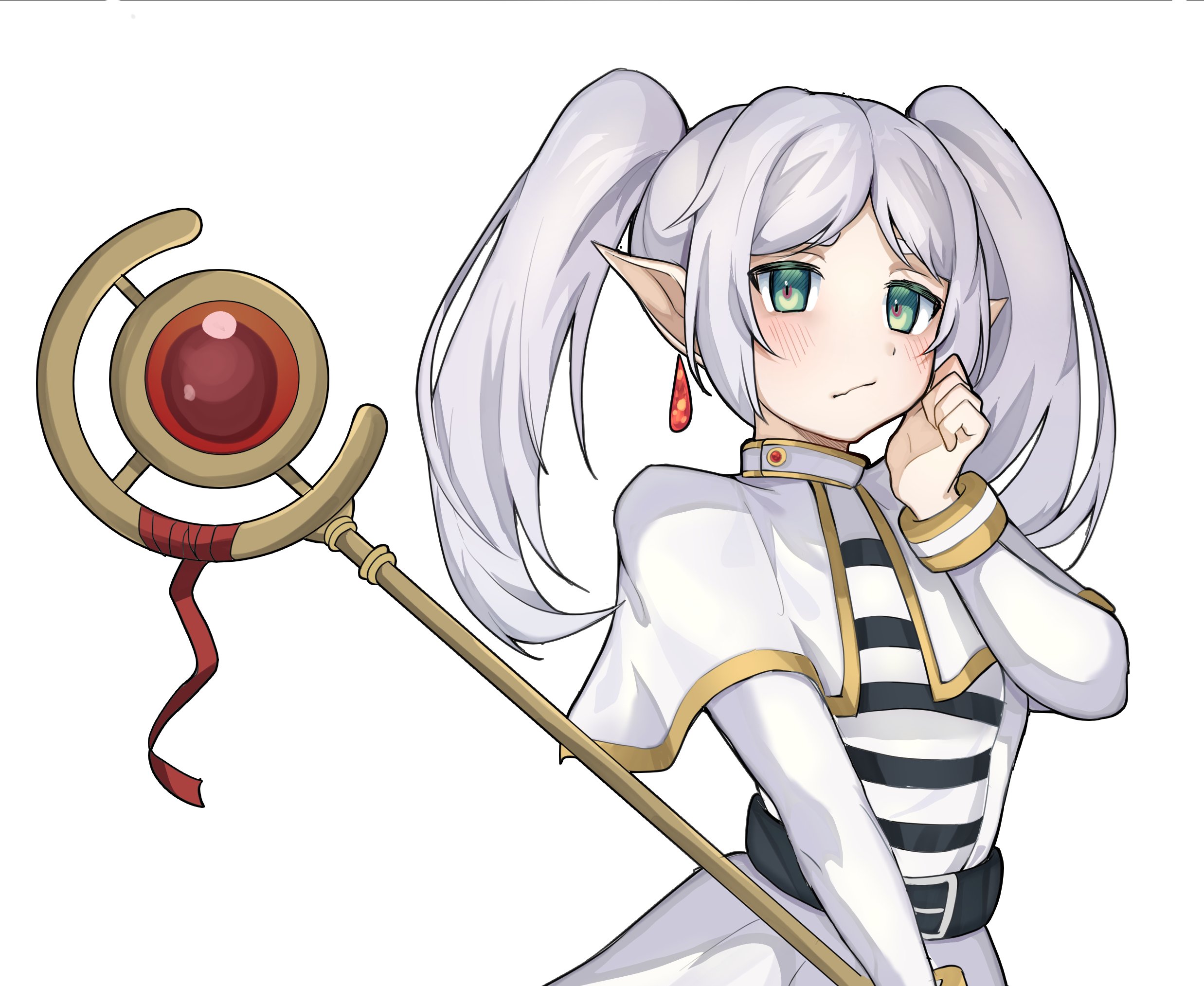 leiden yaegore, frieren, sousou no frieren, commentary, english commentary, highres, 1girl, belt, belt buckle, black belt, buckle, capelet, closed mouth, dress, earrings, elf, floating earrings, green eyes, grey hair, hand up, holding, holding staff, jewelry, long hair, long sleeves, looking ahead, mage staff, parted bangs, pointy ears, simple background, solo, staff, striped clothes, striped dress, teardrop earrings, thinking, twintails, upper body, white background, white capelet, white dress