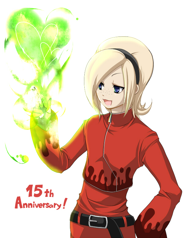 kosumo, ash crimson, snk, the king of fighters, 1boy, androgynous, belt, blonde hair, blue eyes, fingerless gloves, fire, freckles, gloves, green fire, hairband, heart, male focus, nail polish, pyrokinesis, short hair, solo, trap, zipper
