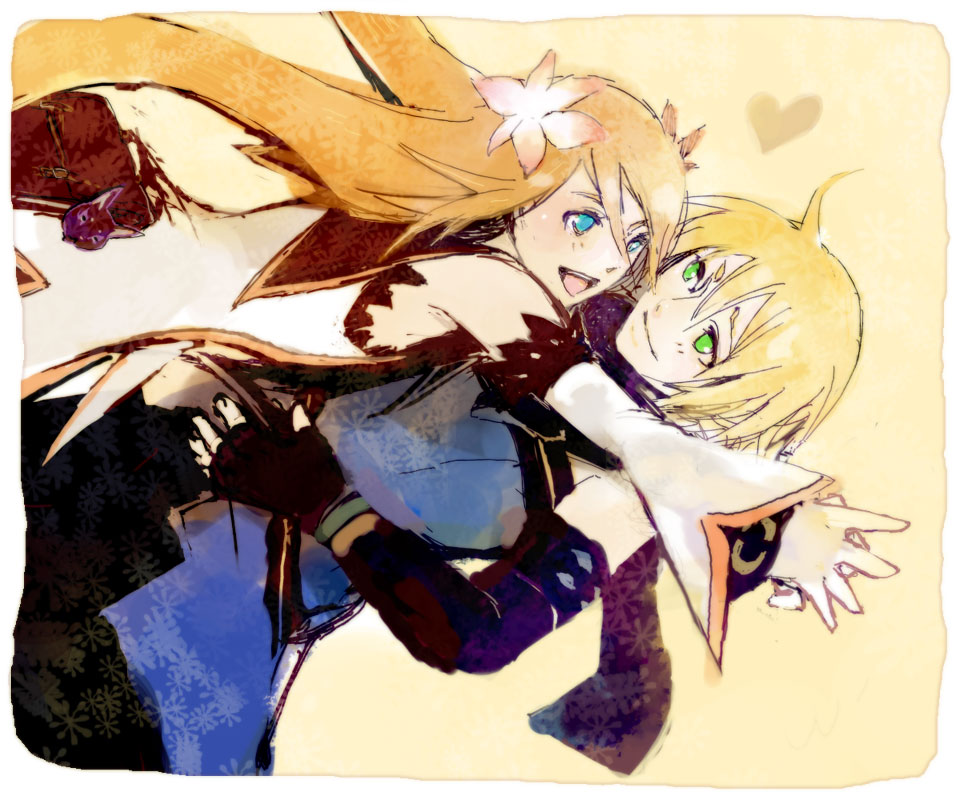koku 666, emil castagnier, marta lualdi, tales of (series), tales of symphonia, tales of symphonia: dawn of the new world, bad id, bad pixiv id, 00s, 1boy, 1girl, blonde hair, blue eyes, brown hair, couple, flower, gloves, green eyes, hair ornament, heart, hetero, hug, scarf, smile