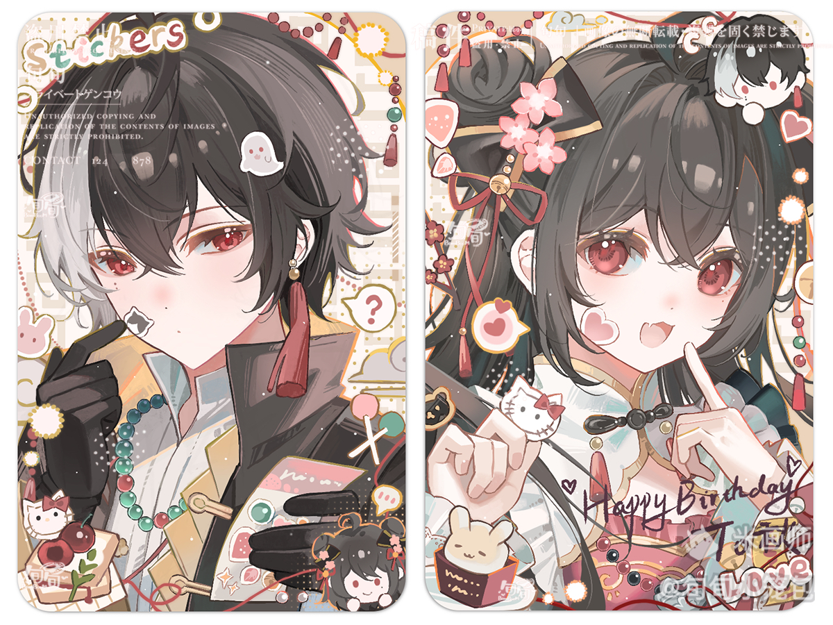 original, 1boy, 1girl, :3, :d, ?, ahoge, black gloves, black hair, black jacket, border, closed mouth, double-parted bangs, double bun, gloves, hair between eyes, hair bun, hands up, happy birthday, heart, high collar, jacket, long hair, multicolored hair, open mouth, pink shirt, portrait, shirt, smile, spoken heart, spoken question mark, two-tone hair, watermark, white border, white hair, xun xun xiaolongbao