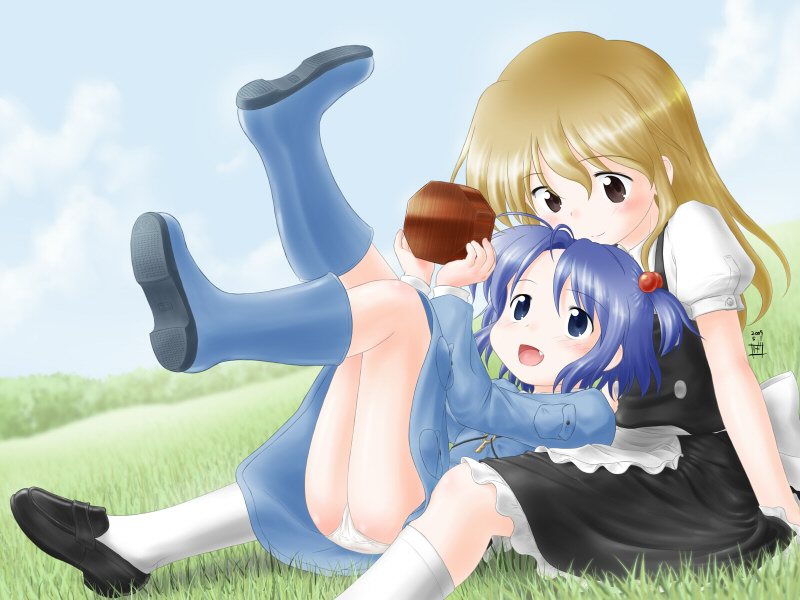 geshopu, kawashiro nitori, kirisame marisa, touhou, 2girls, blonde hair, blue eyes, blue hair, child, fang, female focus, grass, long hair, mini-hakkero, multiple girls, panties, short hair, sitting, twintails, two side up, underwear
