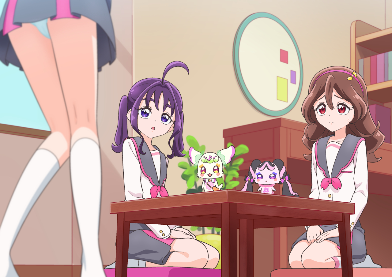 tiler (tiler00), purirun (fairy) (precure), sakura uta (precure), shigure kokoro, kimi to idol precure, precure, character request, commentary request, 3girls, :o, ahoge, aqua panties, choppy bangs, closed mouth, cushion, dot nose, double-parted bangs, fairy, fortissimo, frown, grey sailor collar, grey skirt, hair between eyes, hair ornament, hairband, huge ahoge, indoors, long bangs, long hair, long sleeves, looking at another, medium hair, meroron (fairy) (precure), multiple girls, musical note, musical note hair ornament, no shoes, panties, pantyshot, parted lips, pink hairband, pleated skirt, purple eyes, purple hair, raised inner eyebrows, red eyes, sailor collar, school uniform, seiza, serafuku, shirt, sitting, skirt, socks, split mouth, standing, table, twintails, underwear, upskirt, white shirt, white socks, wooden table, zabuton