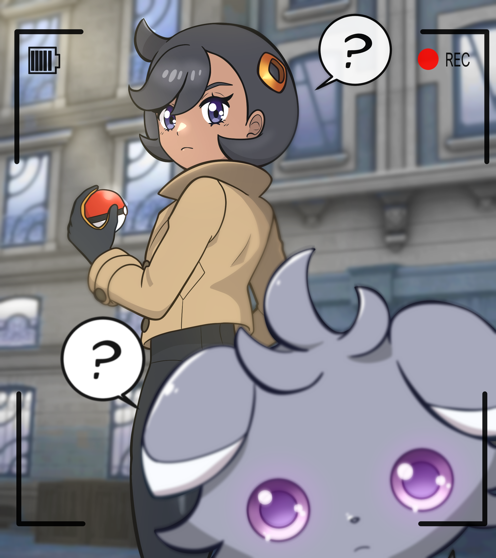 muis0802, emma (pokemon), espurr, nintendo, pokemon, pokemon legends: z-a, commentary, english commentary, highres, 1girl, ?, black bodysuit, black hair, blurry, blurry background, bodysuit, bodysuit under clothes, brown jacket, building, camera, closed mouth, crate, dark-skinned female, dark skin, eyelashes, gen 6 pokemon, hair ornament, holding, holding poke ball, jacket, long sleeves, looking back, poke ball, poke ball (basic), pokemon (creature), purple eyes, recording, short hair, speech bubble, spoken question mark, standing, viewfinder, window