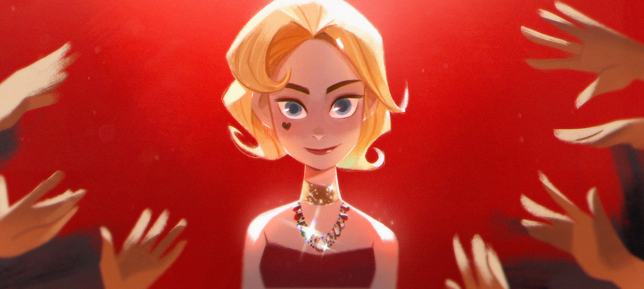 leepix x, harley quinn, birds of prey, dc comics, commentary, english commentary, highres, 1girl, bare shoulders, blonde hair, blue eyes, choker, dress, glint, jewelry, looking at viewer, necklace, out of frame, red background, red dress, red lips, short hair, smile, solo, sparkle