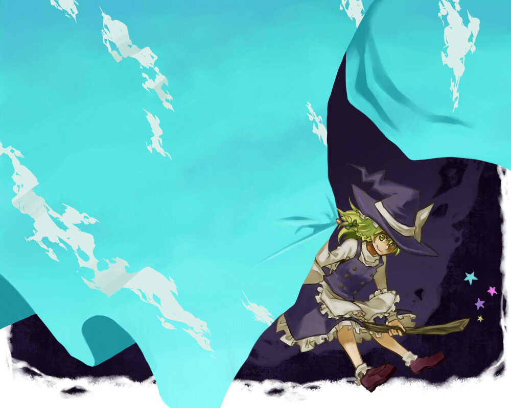 kuroda (artist), kuroda (nanchara flight), kirisame marisa, touhou, 1girl, blonde hair, braid, broom, broom riding, curtains, day, female focus, hat, short hair, sky, smile, solo, star (symbol), surreal, witch, witch hat, yellow eyes