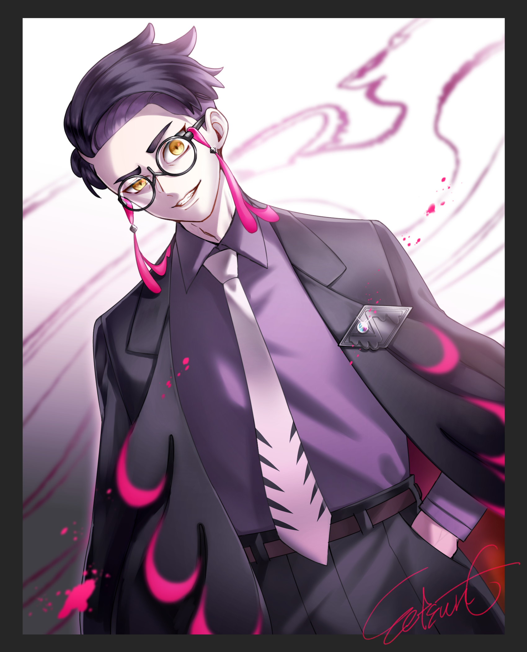 doll-yasha, corbeau (pokemon), nintendo, pokemon, pokemon legends: z-a, commentary request, highres, 1boy, belt, black-framed eyewear, black hair, black jacket, black pants, collared shirt, glasses, grin, hand in pocket, jacket, male focus, necktie, open clothes, open jacket, pants, purple shirt, round eyewear, shirt, short hair, signature, smile, solo, teeth, yellow eyes