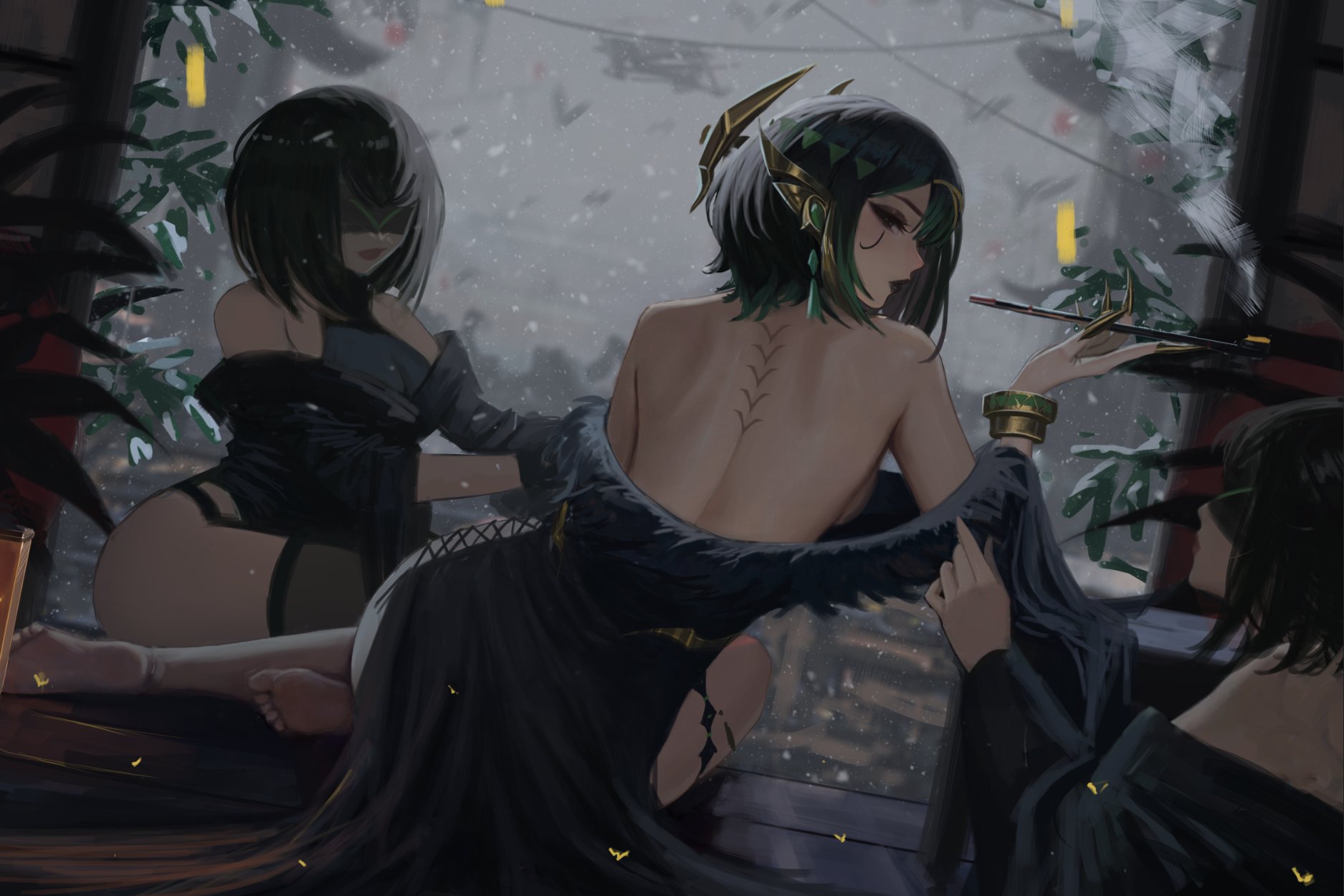 neo (neorarty3), nefer (genshin impact), genshin impact, commentary, highres, tagme, 3girls, alternate costume, back, bare shoulders, barefoot, black lips, claws, eye tattoo, green hair, holding, holding smoking pipe, kiseru, looking at viewer, looking back, multiple girls, off shoulder, short hair, sitting, smoking pipe, soles, tattoo, yokozuwari