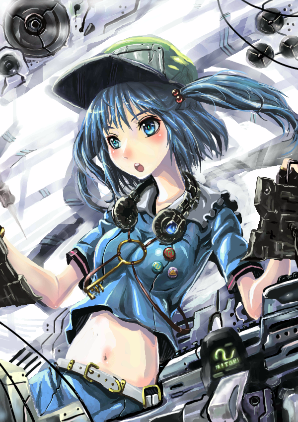 kabutoyama, kawashiro nitori, touhou, 1girl, blue eyes, blue hair, female focus, hair bobbles, hair ornament, hat, headphones, headphones around neck, key, machine, matching hair/eyes, midriff, navel, short hair, solo, twintails, two side up