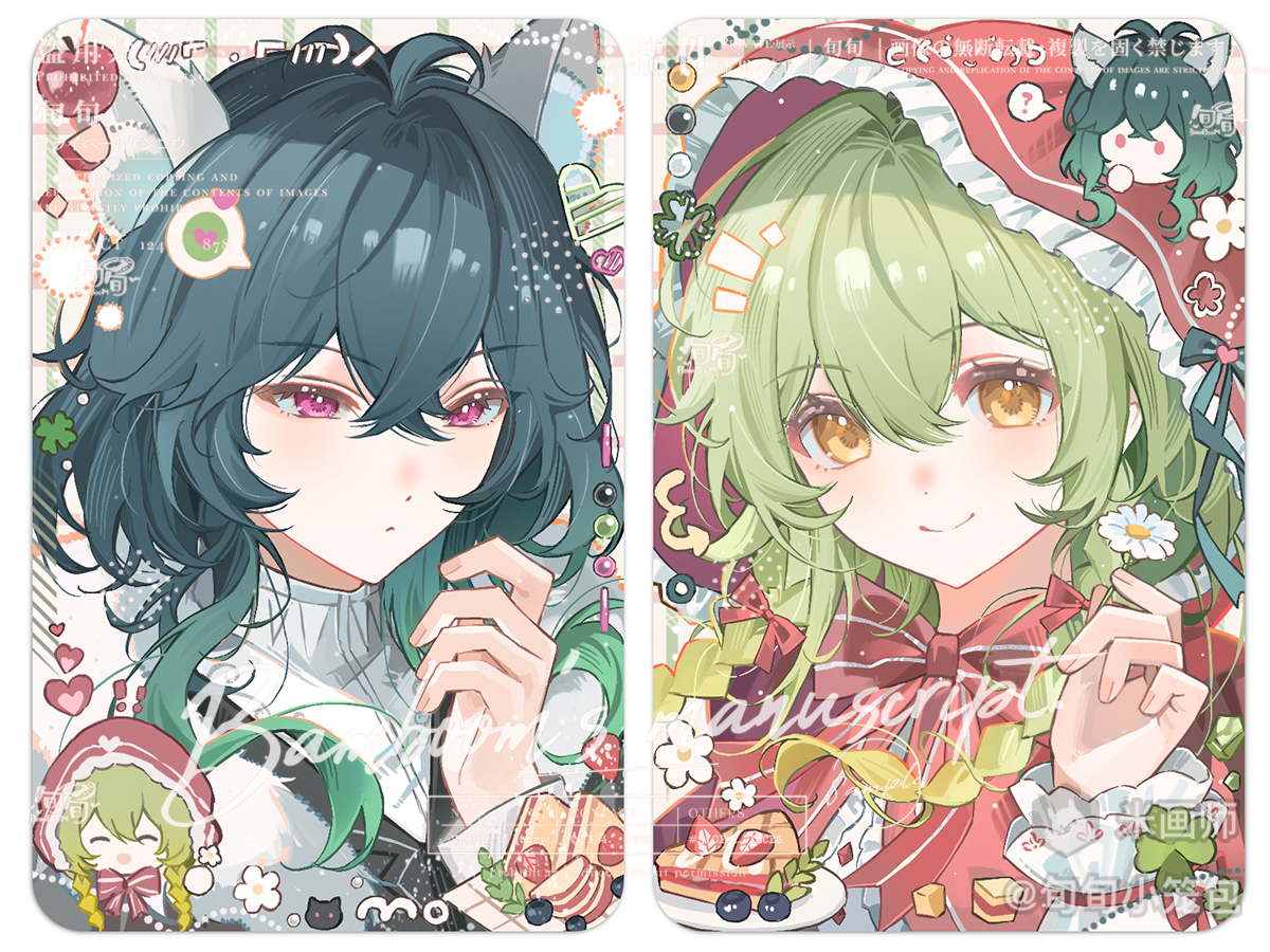 original, 2girls, animal ear fluff, animal ears, blue hair, border, bow, bowtie, capelet, cat ears, cat girl, closed mouth, double-parted bangs, frilled hood, frills, green hair, hair between eyes, hand up, hood, hood up, hooded capelet, long hair, looking at viewer, mihuashi username, multiple girls, portrait, red bow, red bowtie, red capelet, red eyes, shirt, smile, watermark, white border, white shirt, xun xun xiaolongbao, yellow eyes