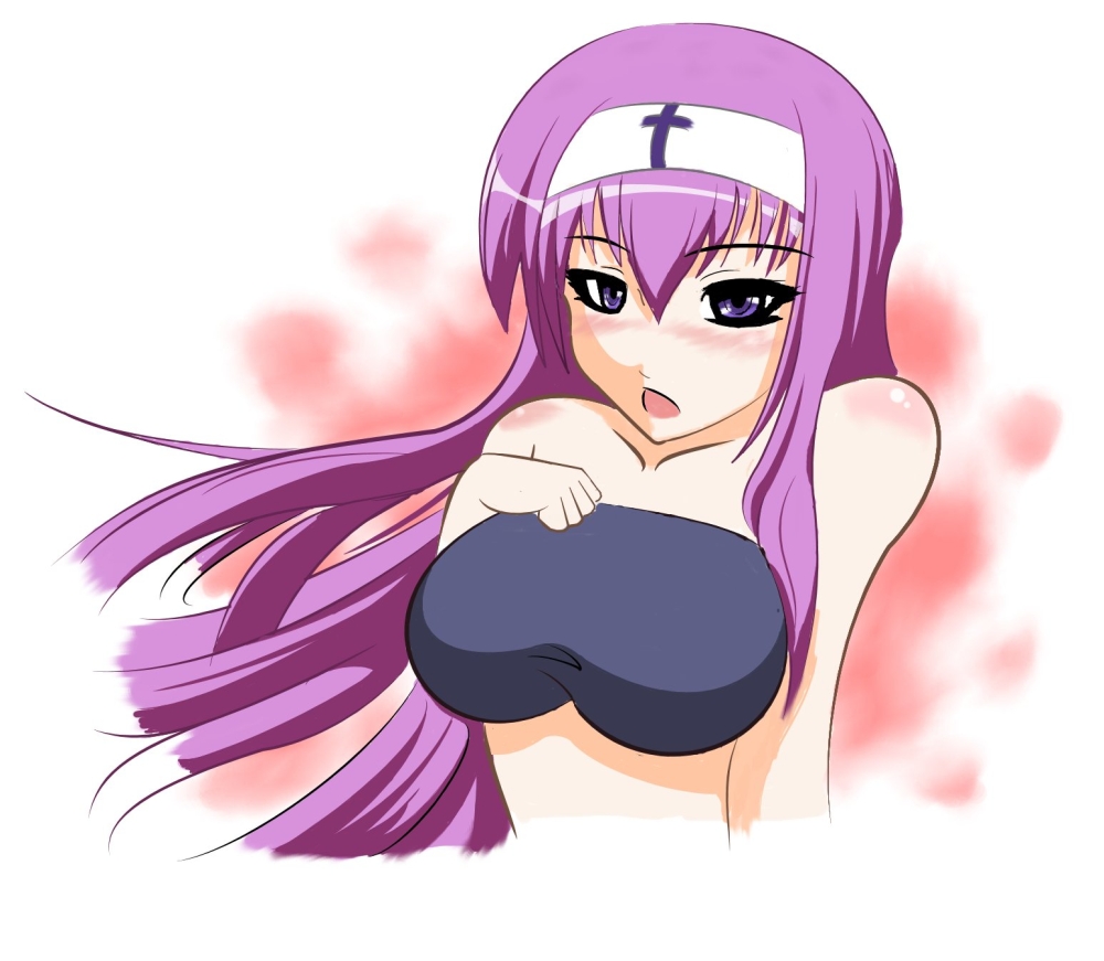 grolla seyfarth, rosenkreuzstilette, blue eyes, blush, breasts, purple hair