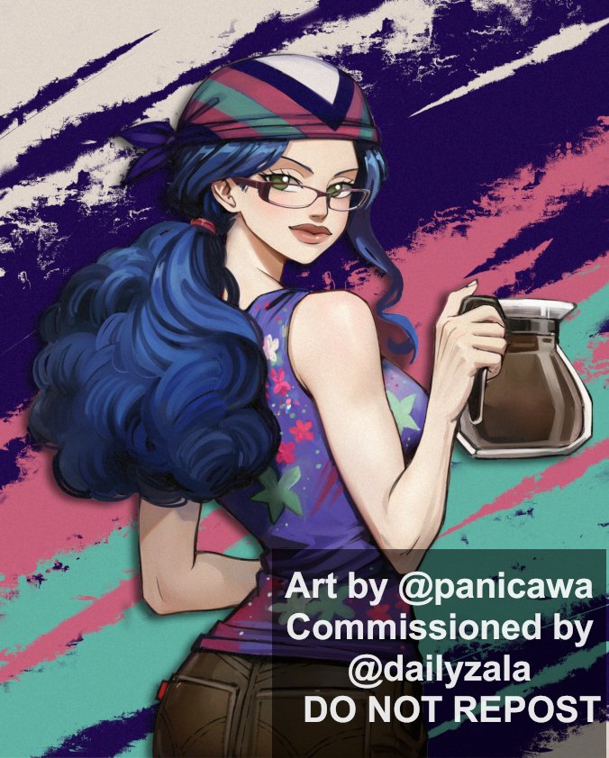 adelheid (moschiola), paula (one piece), one piece, commentary, 1girl, blue hair, closed mouth, eyelashes, glasses, green eyes, headscarf, holding, looking back, pants, ponytail, solo, tank top, twitter username