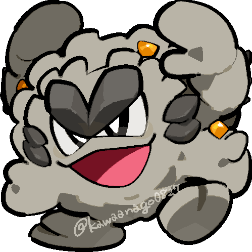 kawaanago, alolan graveler, nintendo, pokemon, commentary request, lowres, alolan form, black eyes, bright pupils, chibi, chibi only, extra arms, full body, gen 7 pokemon, no humans, open mouth, pokemon (creature), pokemon focus, smile, solo, standing, standing on one leg, transparent background, twitter username, white pupils