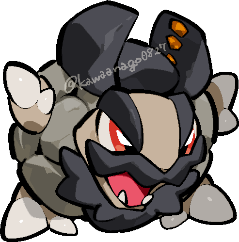 kawaanago, alolan golem, nintendo, pokemon, commentary request, lowres, alolan form, beard, chibi, chibi only, facial hair, fangs, full body, gen 7 pokemon, mustache, no humans, open mouth, pokemon (creature), pokemon focus, red eyes, solo, transparent background, twitter username