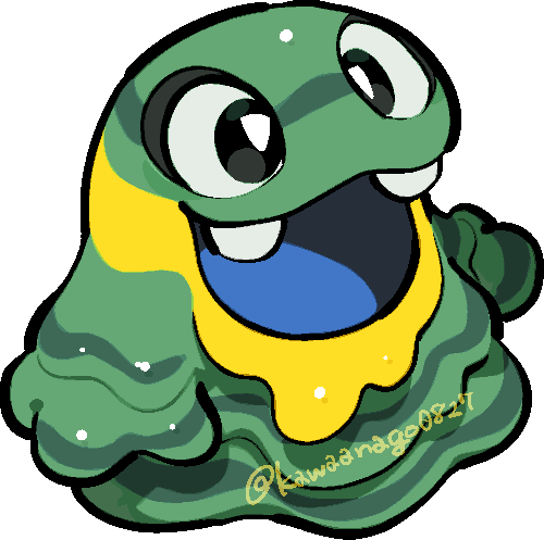 kawaanago, alolan grimer, nintendo, pokemon, commentary request, lowres, alolan form, black eyes, blob, bright pupils, chibi, chibi only, full body, gen 7 pokemon, no humans, open mouth, pokemon (creature), pokemon focus, smile, solo, teeth, transparent background, twitter username, white pupils
