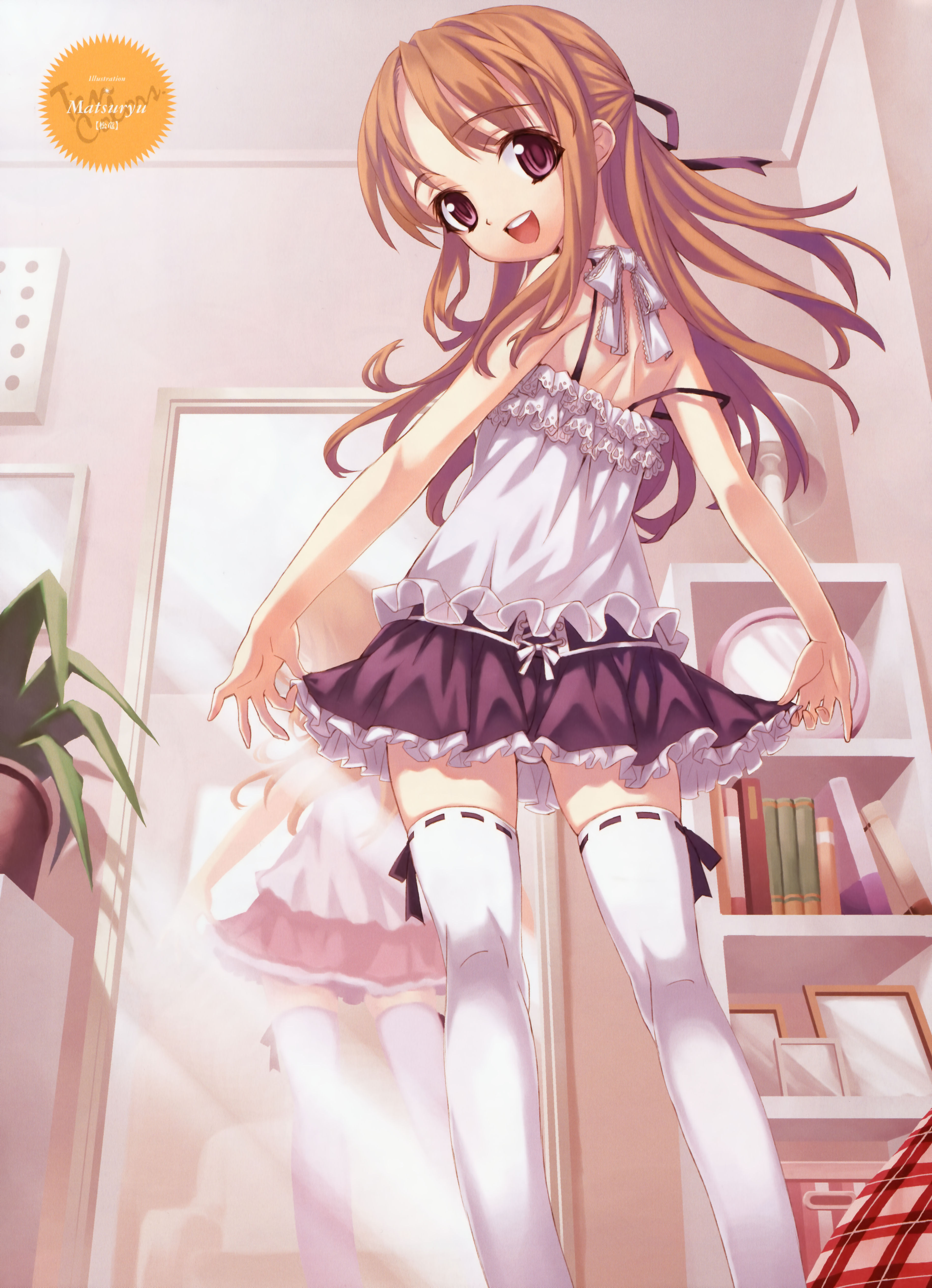 matsuryuu, absurdres, highres, 1girl, :d, bedroom, book, bulge, camisole, dress, female focus, frilled skirt, frills, from behind, from below, hair ribbon, happy, indoors, kneehighs, looking at viewer, looking back, mirror, off shoulder, open mouth, orange hair, panties, pantyshot, petite, plant, potted plant, purple eyes, reflection, ribbon, skindentation, skirt, skirt hold, smile, socks, solo, strap slip, teeth, thighhighs, underwear, upskirt, watermark, white panties, white socks, white thighhighs, zettai ryouiki