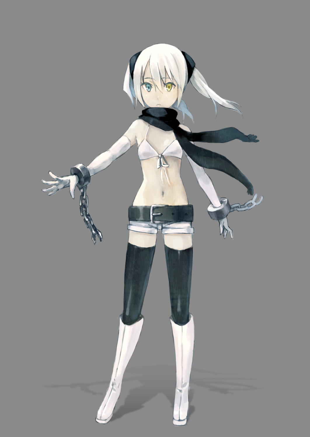 houru, original, highres, 1girl, belt, bikini, bikini top only, black thighhighs, boots, chain, cuffs, elbow gloves, female focus, flat chest, front-tie top, gloves, grey background, heterochromia, knee boots, long hair, midriff, navel, scarf, shackles, shadow, short shorts, shorts, simple background, solo, swimsuit, thighhighs, white gloves, white hair, wind, zettai ryouiki