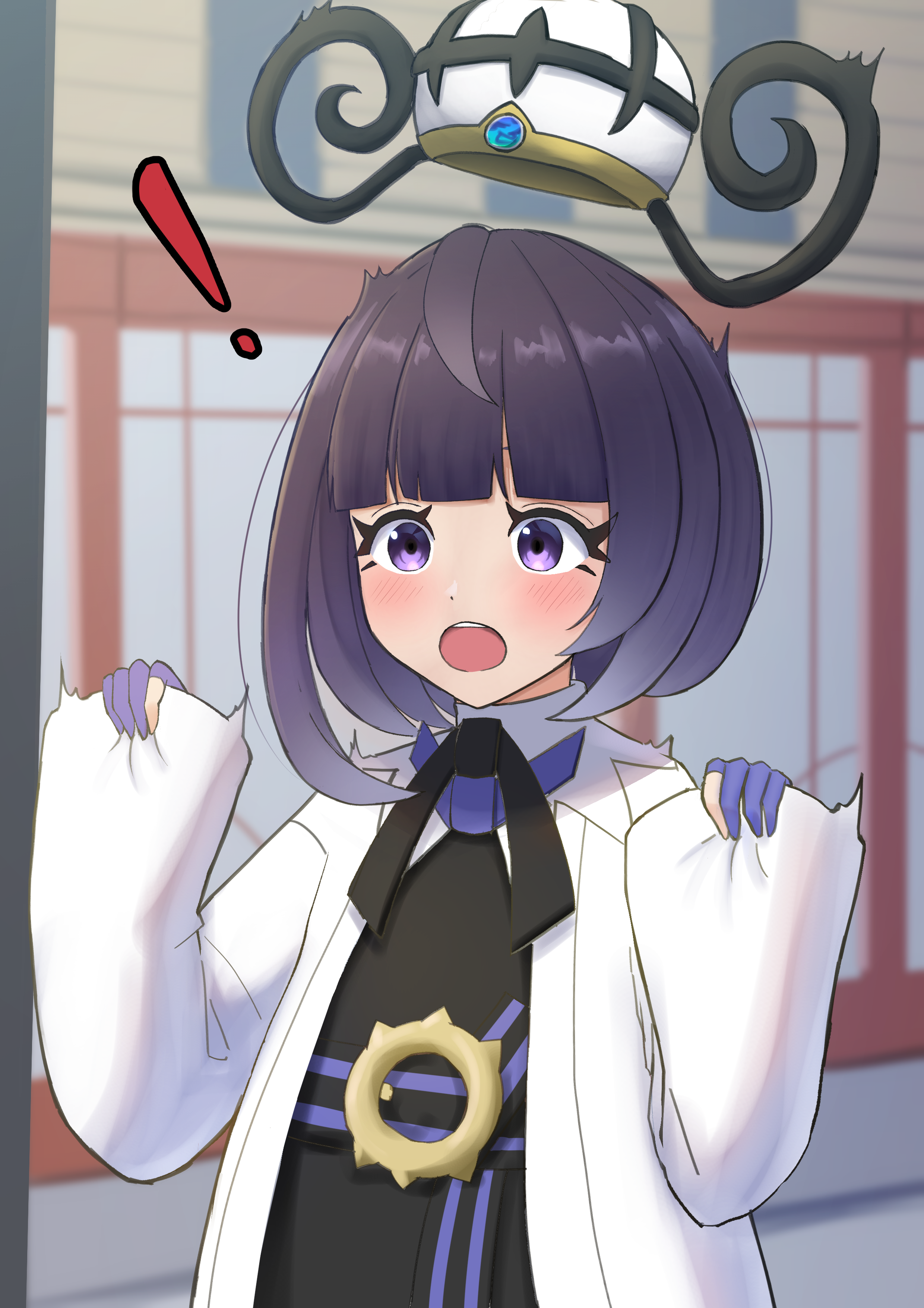 panaham, gwynn (pokemon), nintendo, pokemon, pokemon legends: z-a, absurdres, commentary request, highres, !, 1girl, :o, black dress, black hair, black ribbon, blunt bangs, blush, coat, day, dress, eyelashes, gloves, hands up, hat, long hair, long sleeves, neck ribbon, open clothes, open coat, open mouth, partially fingerless gloves, purple eyes, purple gloves, ribbon, sleeves past wrists, solo, teeth, upper body, upper teeth only, white coat