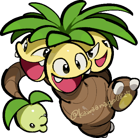 kawaanago, alolan exeggutor, nintendo, pokemon, commentary request, lowres, alolan form, chibi, chibi only, fangs, full body, gen 7 pokemon, multiple heads, no humans, o3o, open mouth, pokemon (creature), pokemon focus, smile, solo, transparent background, twitter username