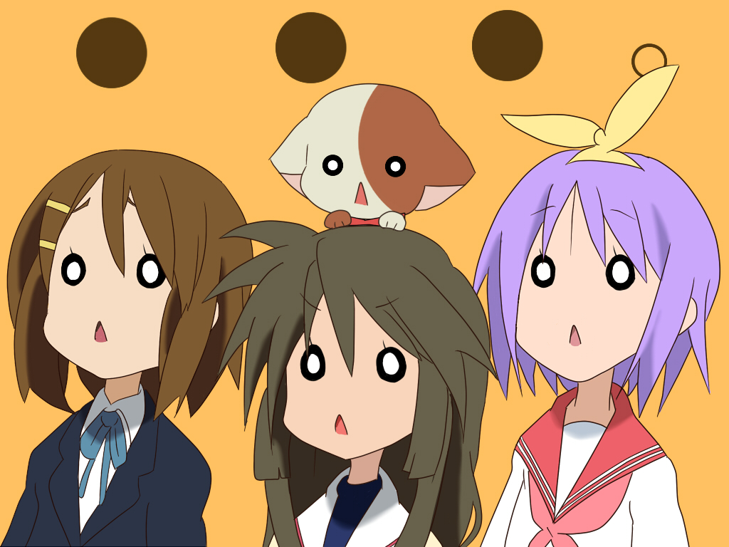souten no tsubasa, hiiragi tsukasa, hirasawa yui, ibuki fuuko, na-san, clannad, k-on!, kirarin revolution, kyoto animation, lucky star, …, 00s, 3girls, :<, animal, animal on head, black hair, bow, brown hair, cat, cat on head, chibi, company connection, crossover, hair bow, hair ornament, hairclip, multiple girls, o o, on head, purple hair, school uniform, serafuku, short hair, simple background