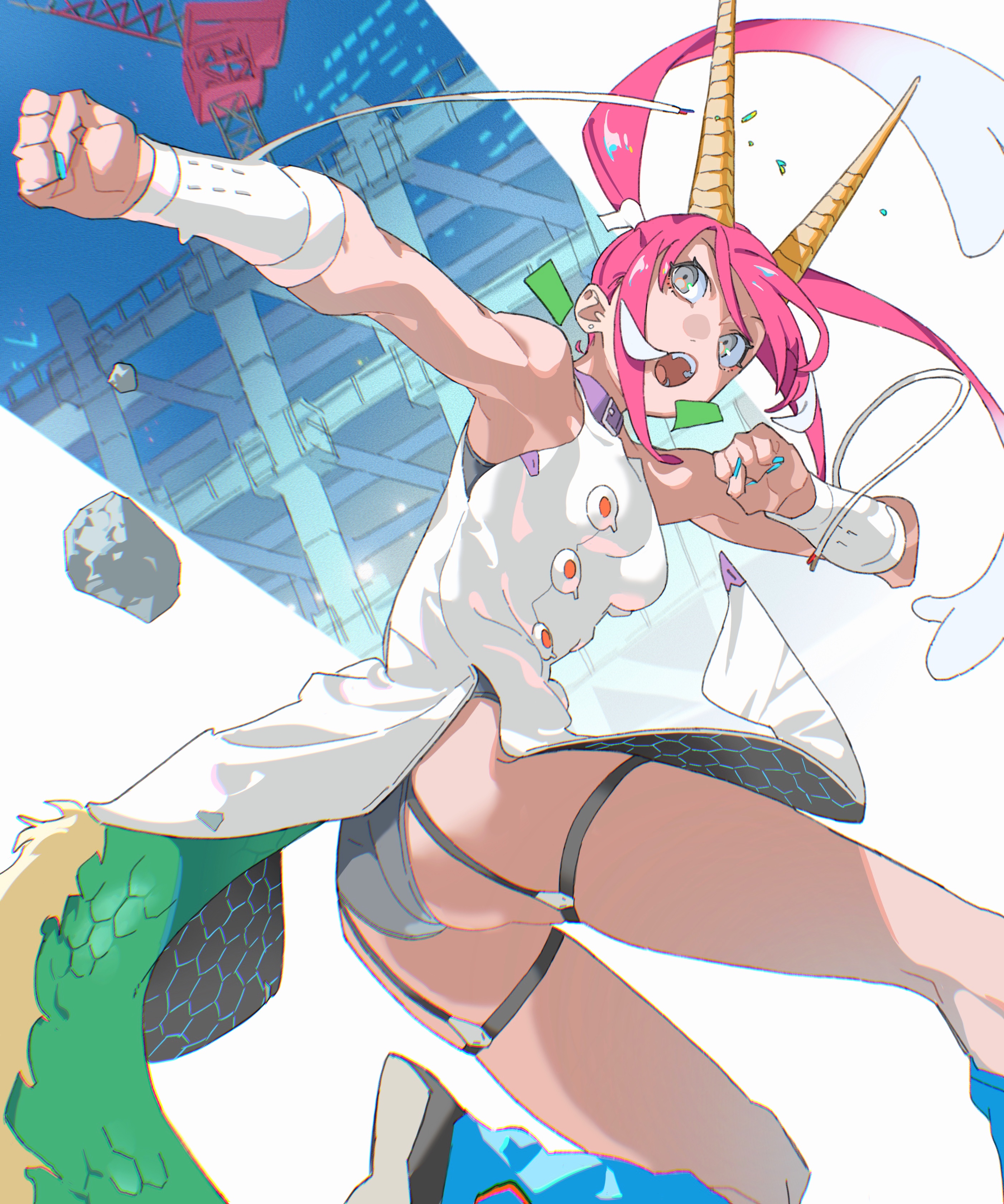 himuro yukichiko, original, absurdres, commentary request, highres, 1girl, ass, blue nails, clenched hands, dragon girl, dragon horns, dragon tail, grey eyes, horns, long hair, pink hair, scales, solo, tail, twintails