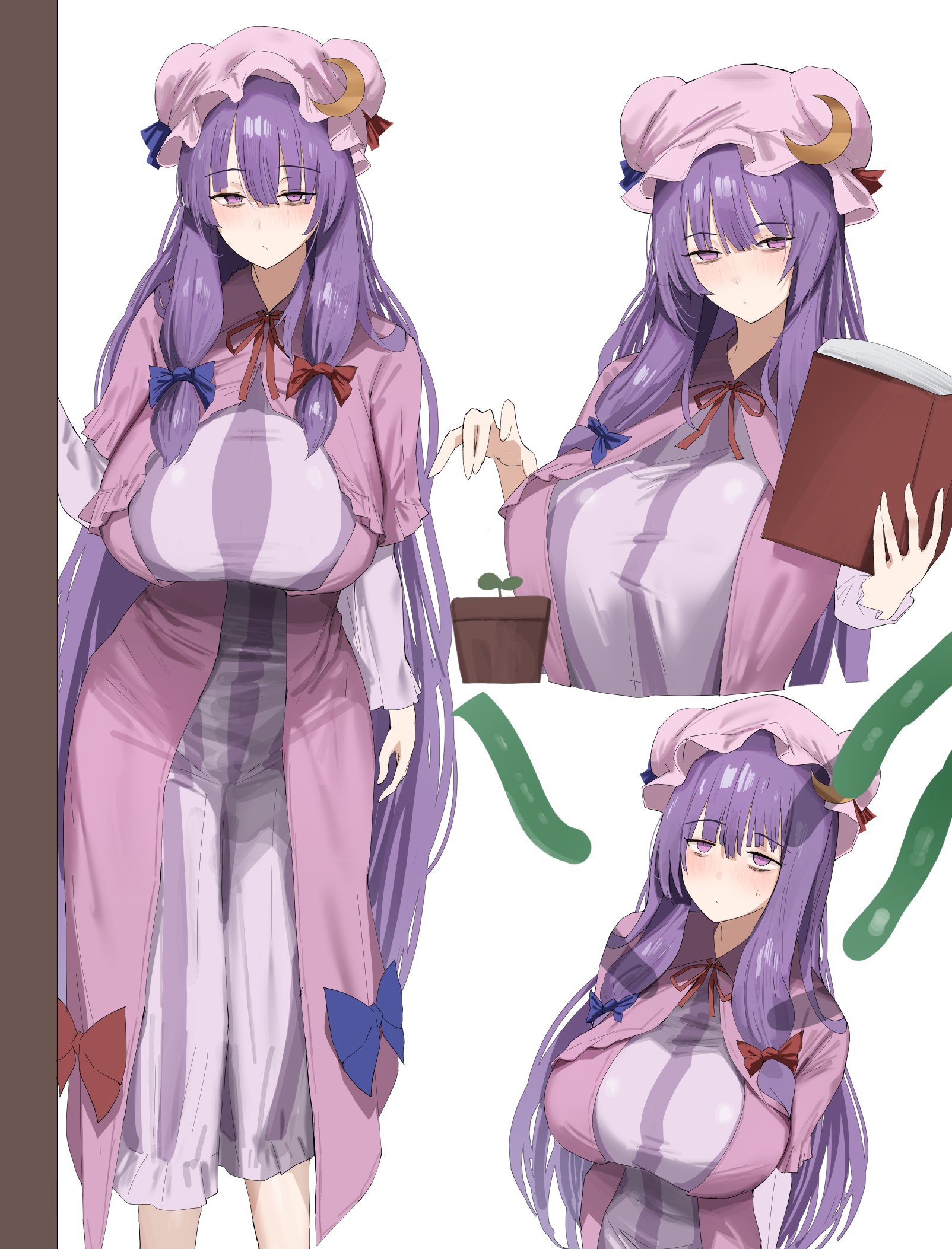 258n, patchouli knowledge, touhou, highres, 1girl, :o, bags under eyes, book, breasts, closed mouth, crescent, crescent hat ornament, dress, expressionless, hair ribbon, hat, hat ornament, holding, holding book, huge breasts, long hair, long sleeves, looking at viewer, mob cap, open book, pink robe, plant, potted plant, purple dress, purple eyes, purple hair, ribbon, robe, solo, striped clothes, striped dress, tentacles, variations, very long hair, white background