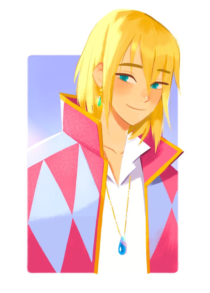 leepix x, howl no ugoku shiro, howl pendragon, commentary, 1boy, blonde hair, border, closed mouth, earrings, hair between eyes, jacket, jacket on shoulders, jewelry, looking at viewer, male focus, pendant, shirt, sidelocks, smile, solo, white border, white shirt