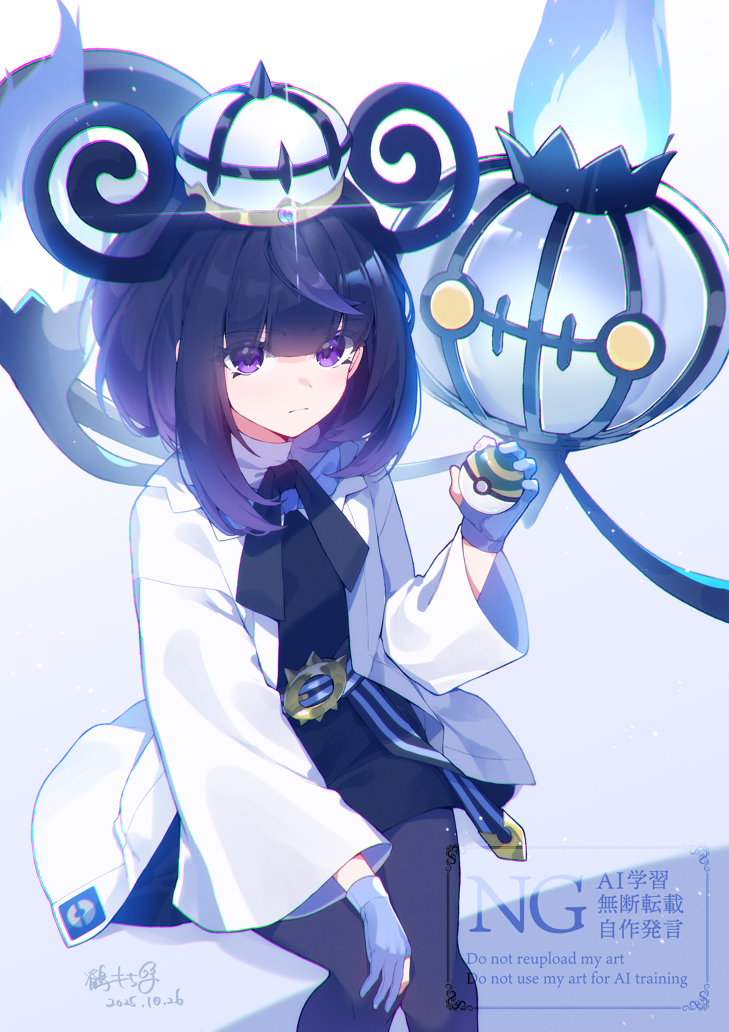 mochiko tsuru, chandelure, gwynn (pokemon), nintendo, pokemon, pokemon legends: z-a, absurdres, commentary request, highres, 1girl, black dress, black hair, black ribbon, blue fire, closed mouth, coat, dated, dress, fire, gen 5 pokemon, glint, gloves, hand up, hat, holding, holding poke ball, long hair, long sleeves, neck ribbon, nest ball, open clothes, open coat, pantyhose, partially fingerless gloves, poke ball, pokemon (creature), purple eyes, ribbon, signature, watermark, white coat