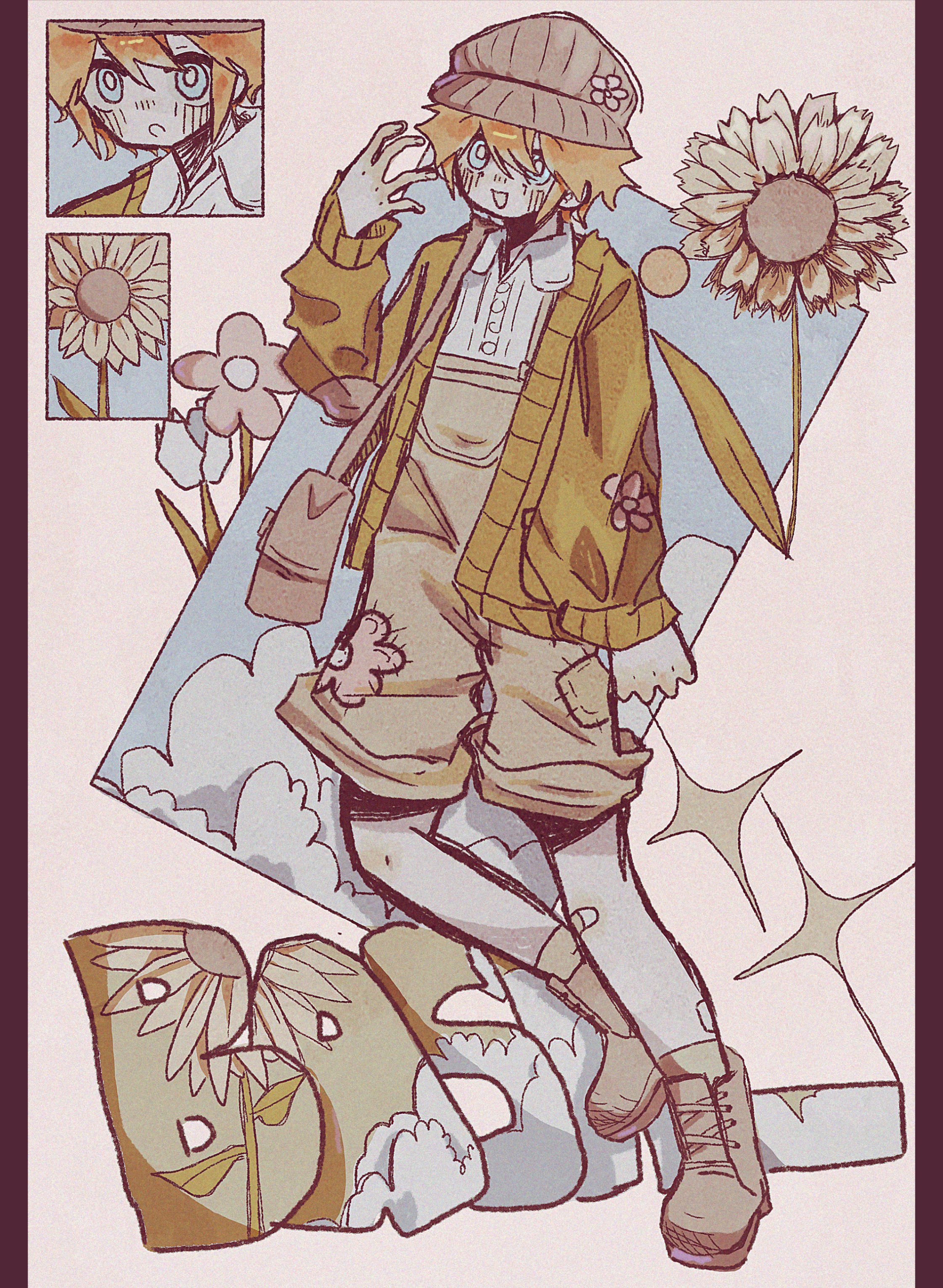 ikiosu (bloobaybeach), basil (birthday) (omori), basil (faraway) (omori), basil (omori), omori, absurdres, highres, 1boy, arm up, bandaid, bandaid on knee, bandaid on leg, blonde hair, blue eyes, blush, boots, bright pupils, brown boots, brown hat, brown overalls, character name, collared shirt, flower, full body, green card, hat, long sleeves, male focus, newsboy cap, open mouth, overall shorts, overalls, shirt, short hair, sidelocks, smile, socks, solo, sunflower, white pupils, white shirt