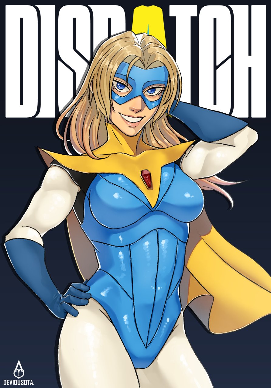 blonde blazer, blonde hair, blue eyes, cape, dispatch, english text, gloves, leotard, mask